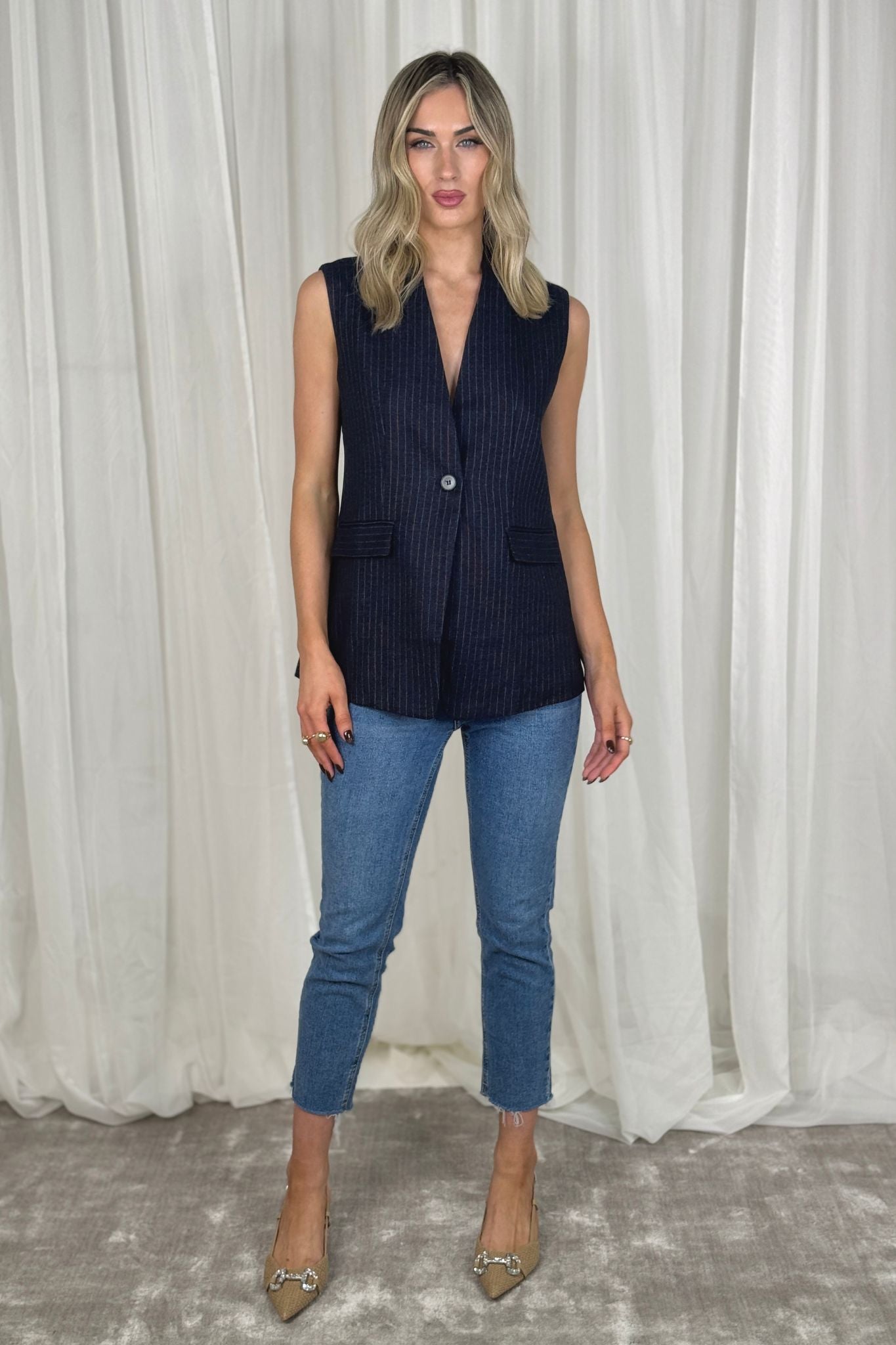 Iris Pinstripe Waistcoat In Navy