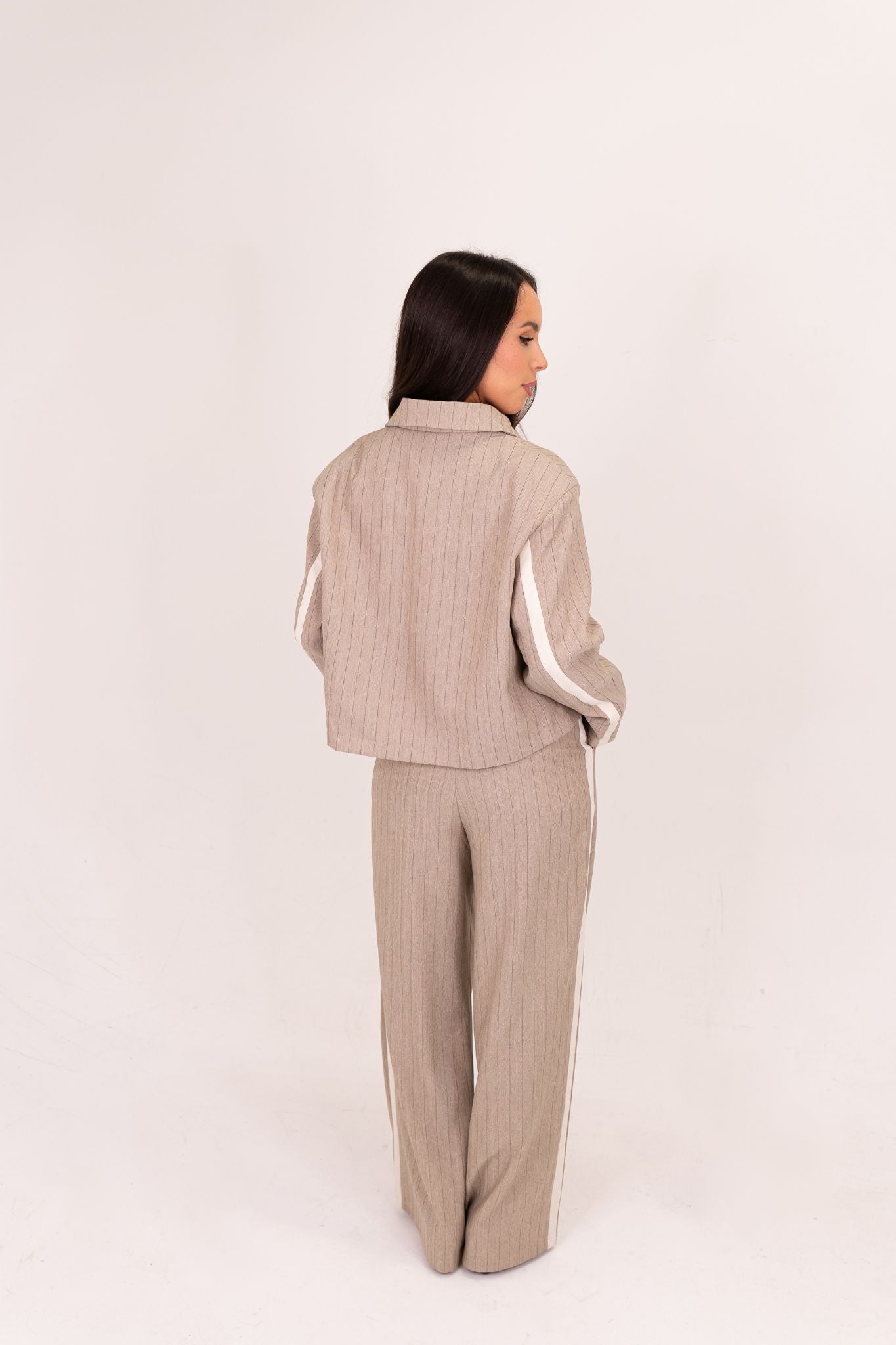 Kiera Pinstripe Trousers In Taupe