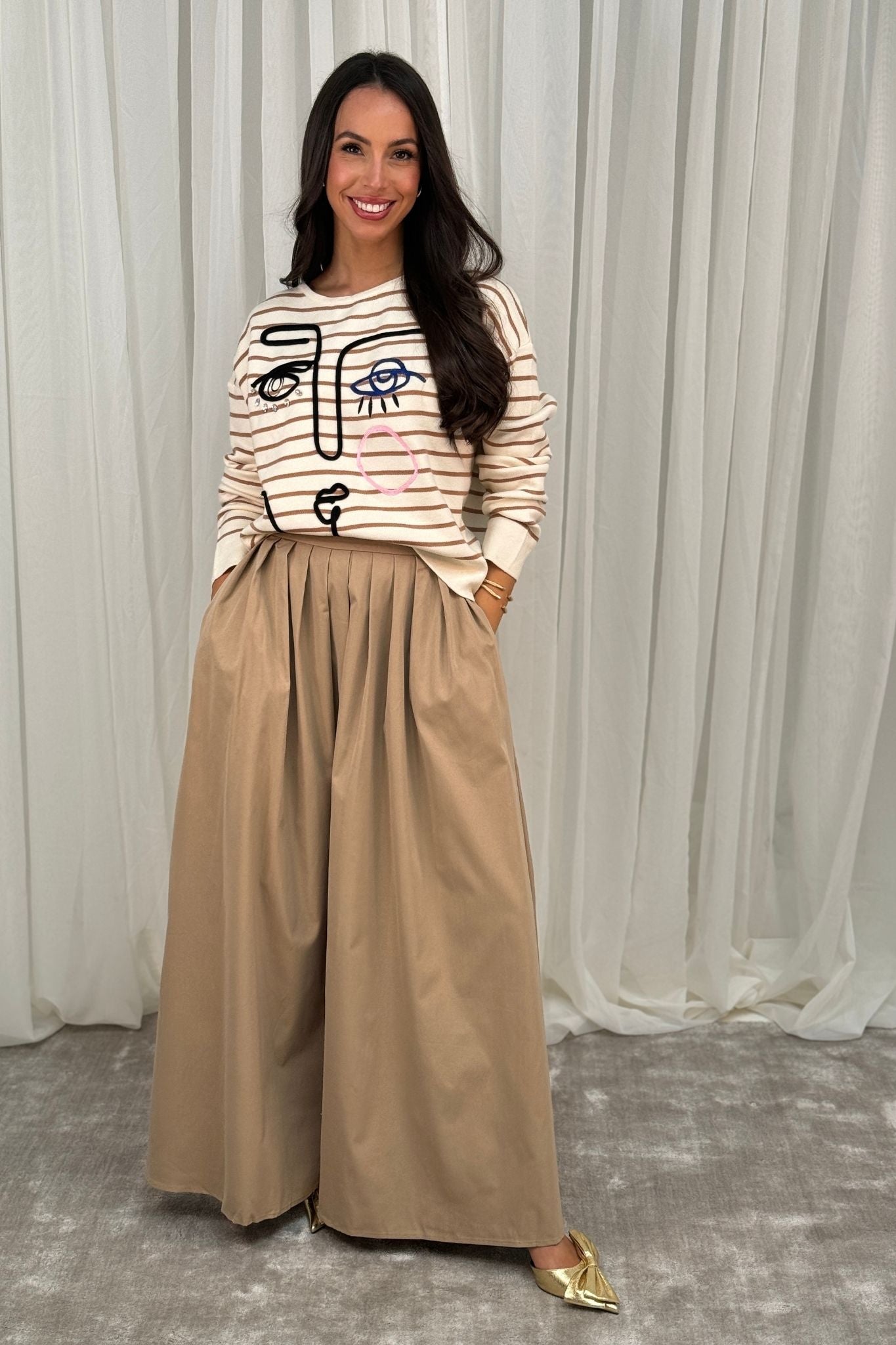 Millie Abstract Stripe Jumper In Tan Mix