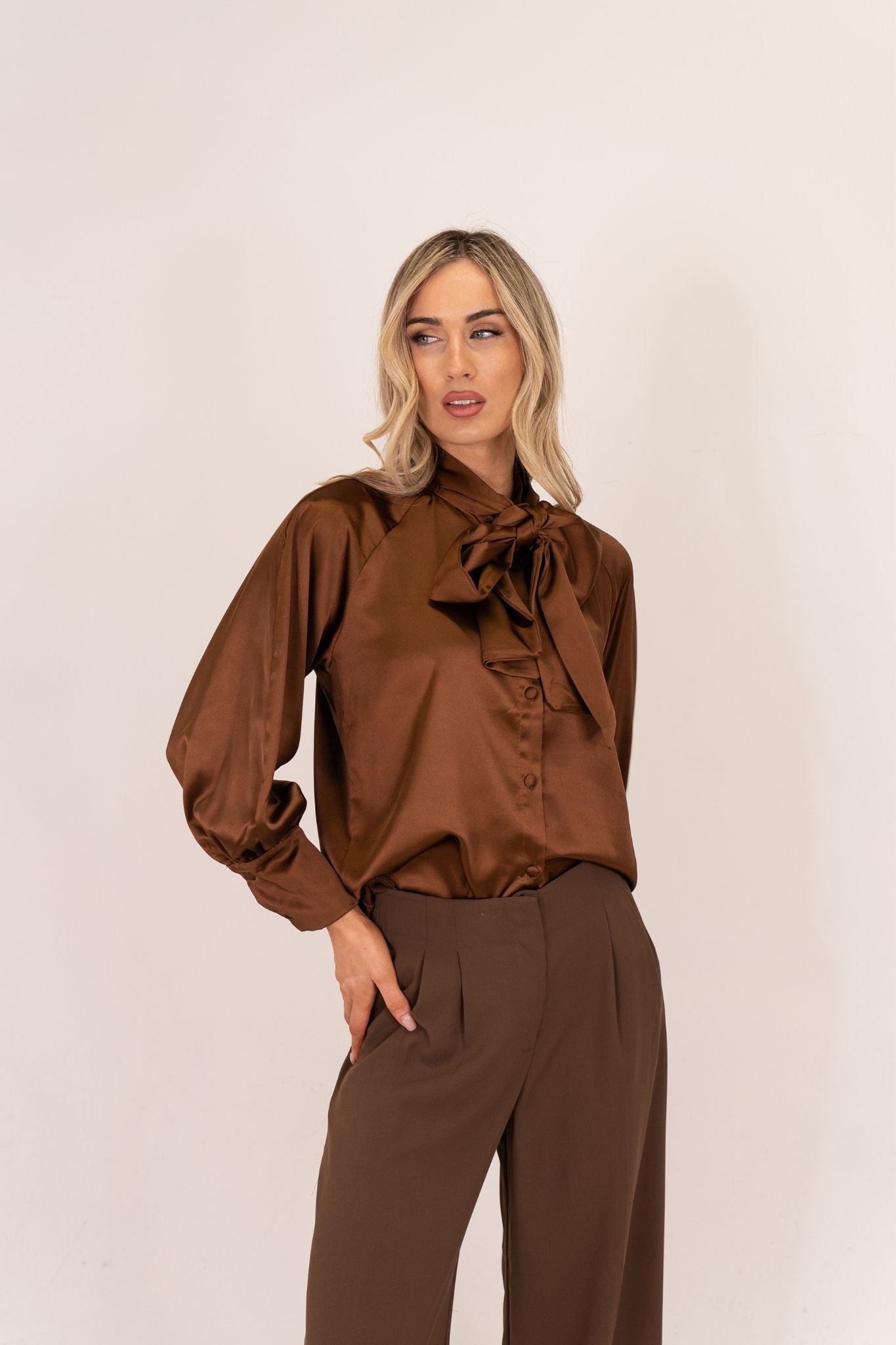 Leah Tie Neck Satin Blouse In Chocolate