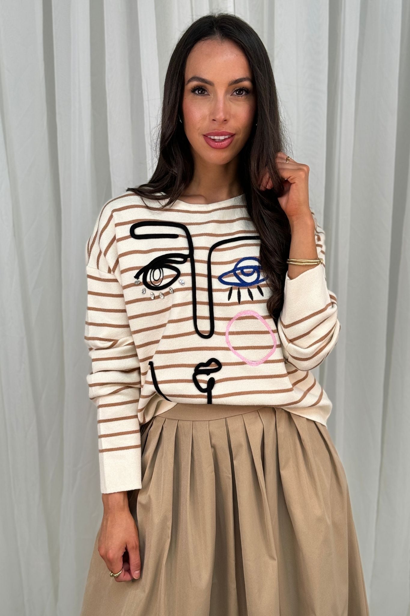 Millie Abstract Stripe Jumper In Tan Mix