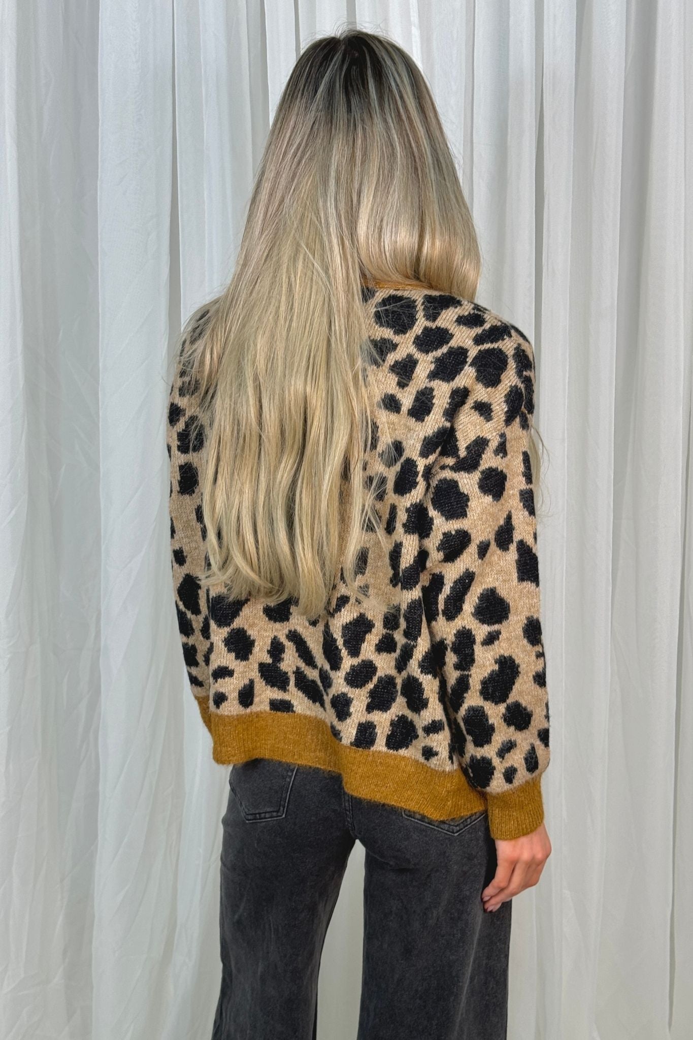 Melanie Camel Trim Cardigan In Leopard Print