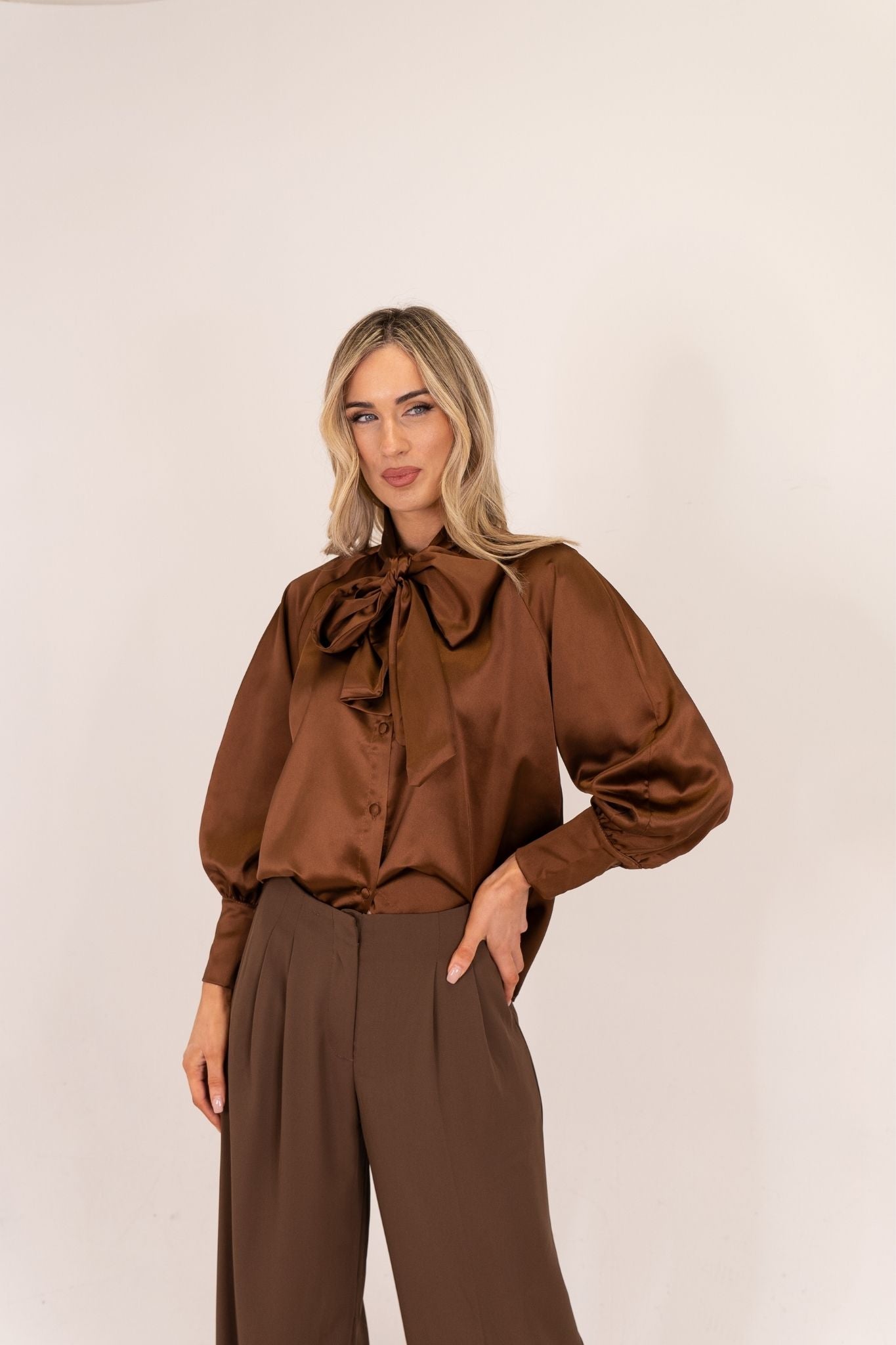 Leah Tie Neck Satin Blouse In Chocolate