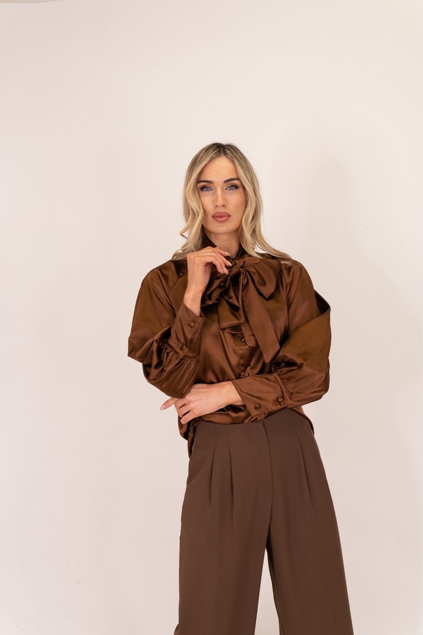 Leah Tie Neck Satin Blouse In Chocolate