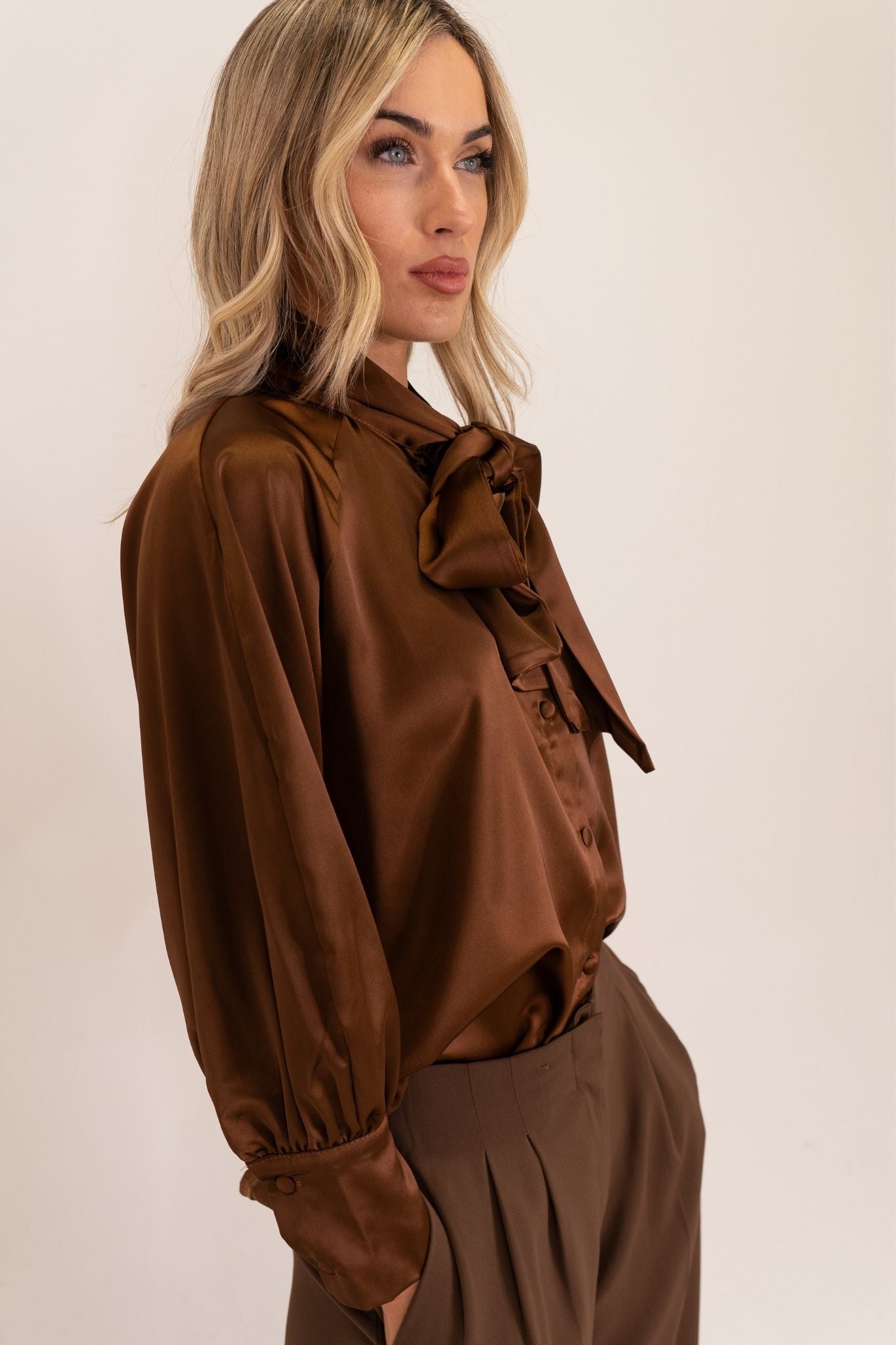 Leah Tie Neck Satin Blouse In Chocolate