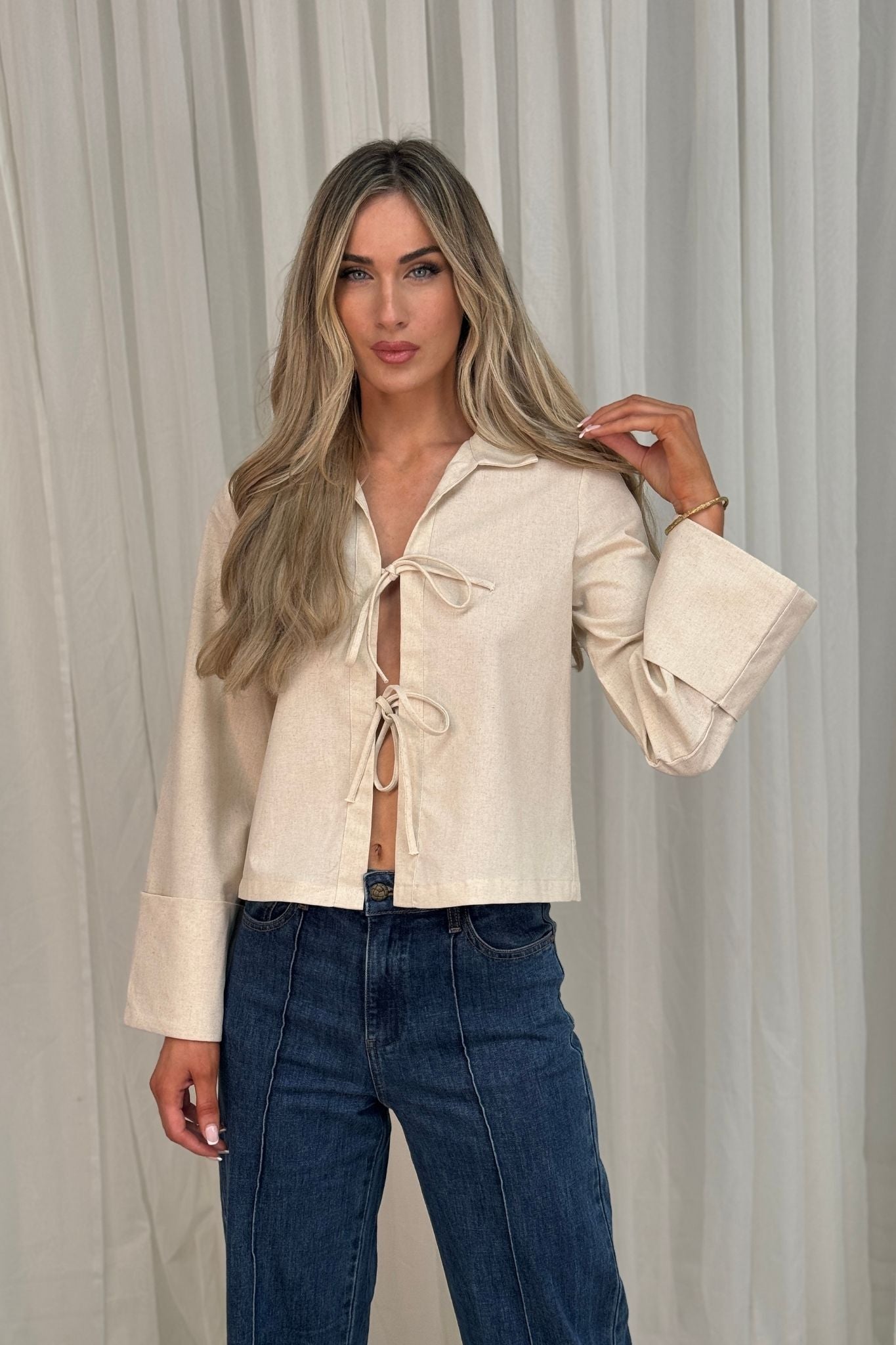 Lila Tie Front Blouse In Neutral