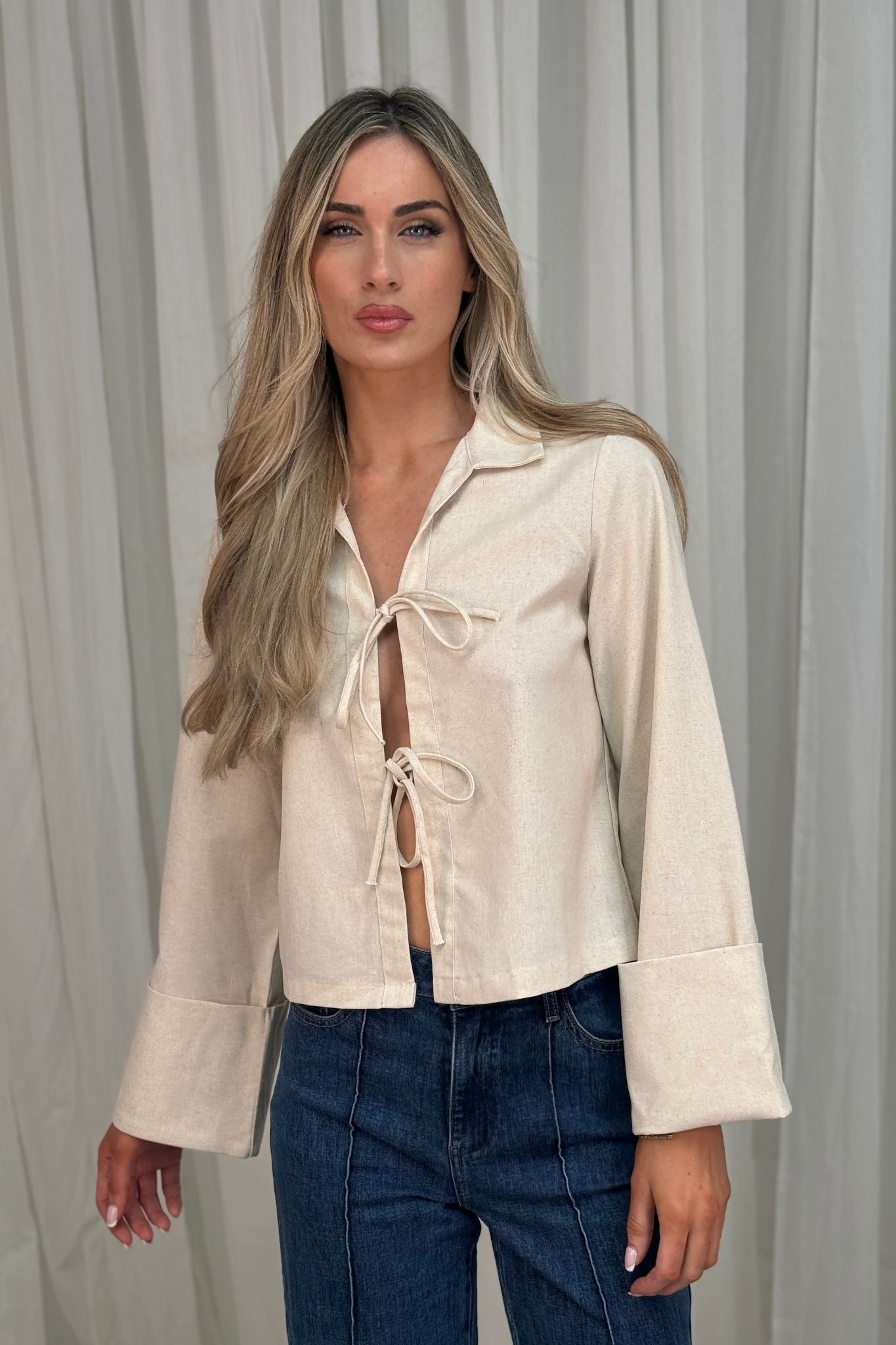 Lila Tie Front Blouse In Neutral