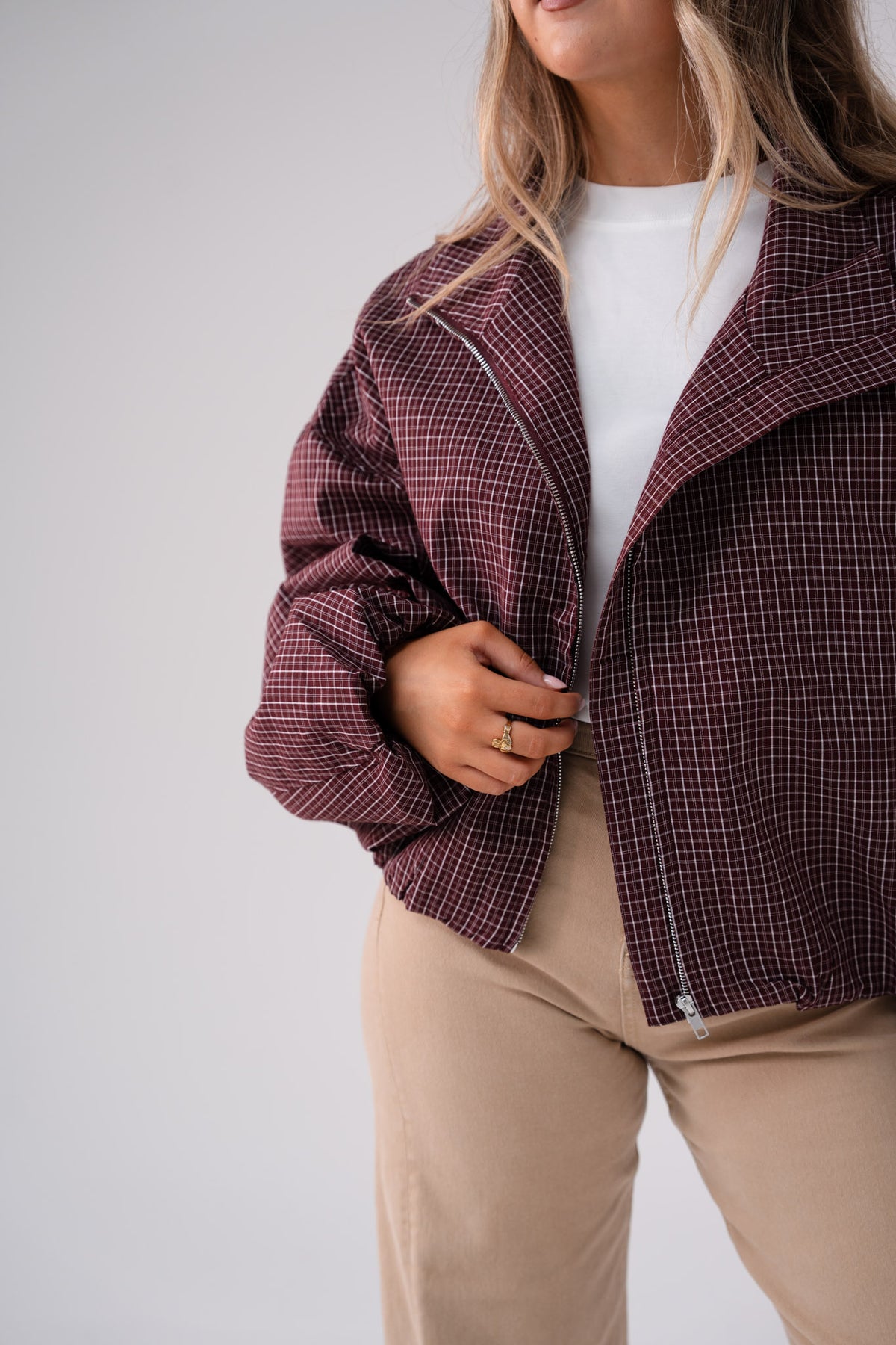 Kate Check Bomber Jacket In Burgundy