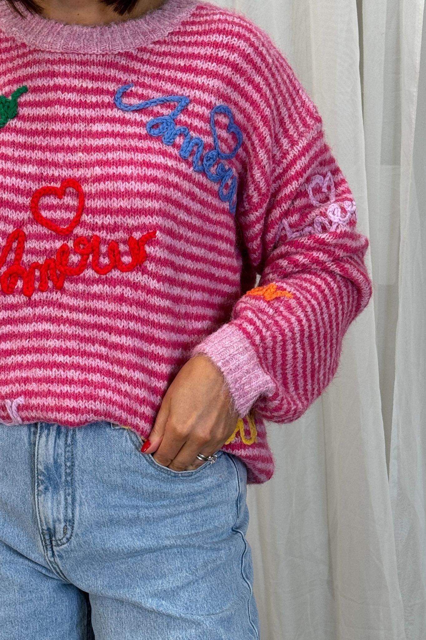 Millie Multi Slogan Jumper In Pink