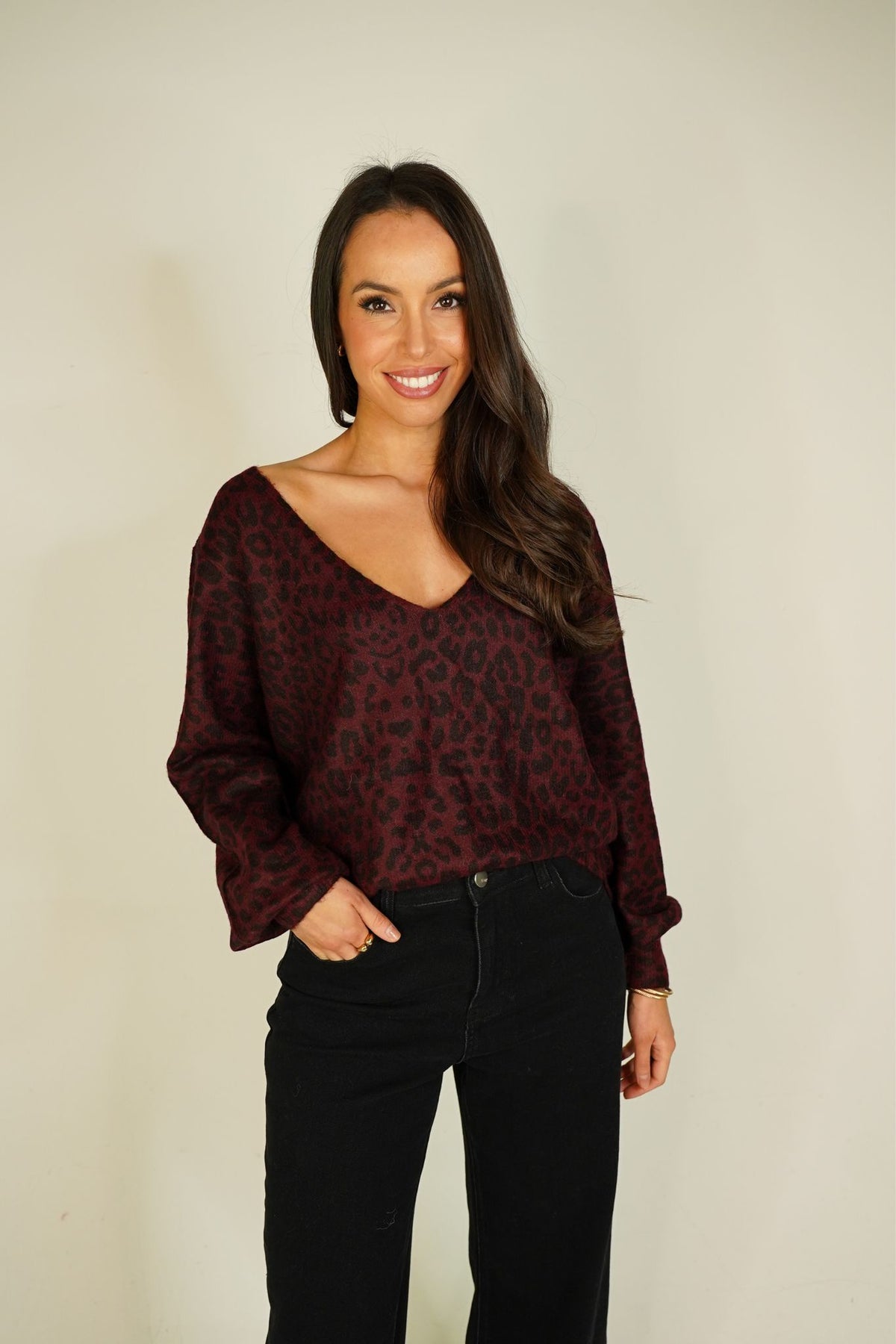 Kendra Leopard Print Jumper In Bordeaux