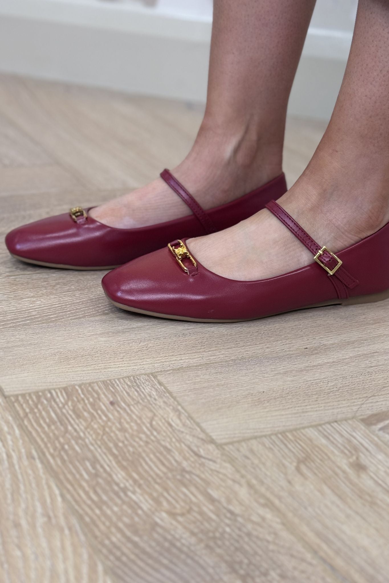 Ellen Gold Buckle Flats In Red