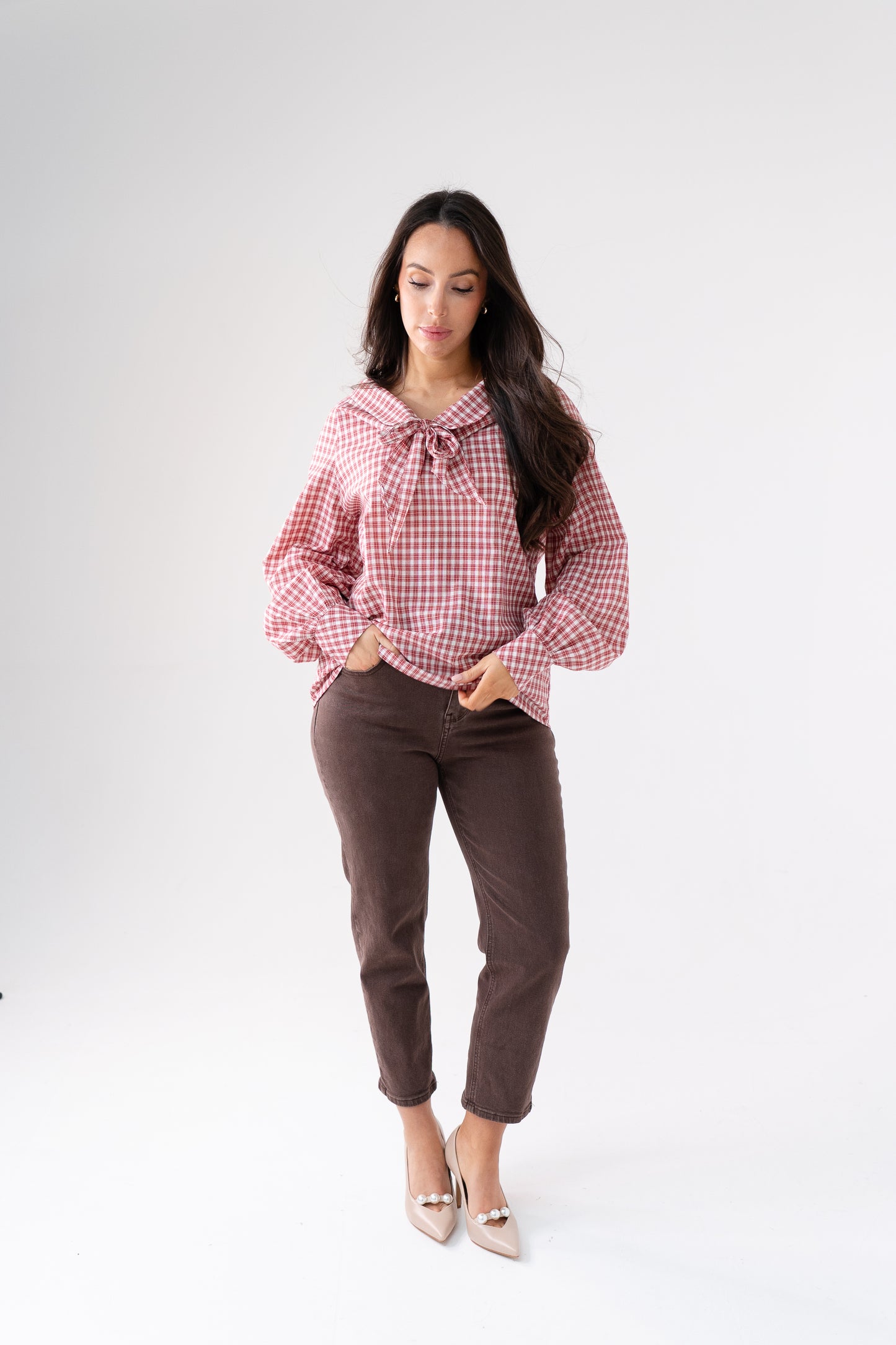 Ally Bow Collar Check Shirt In Red