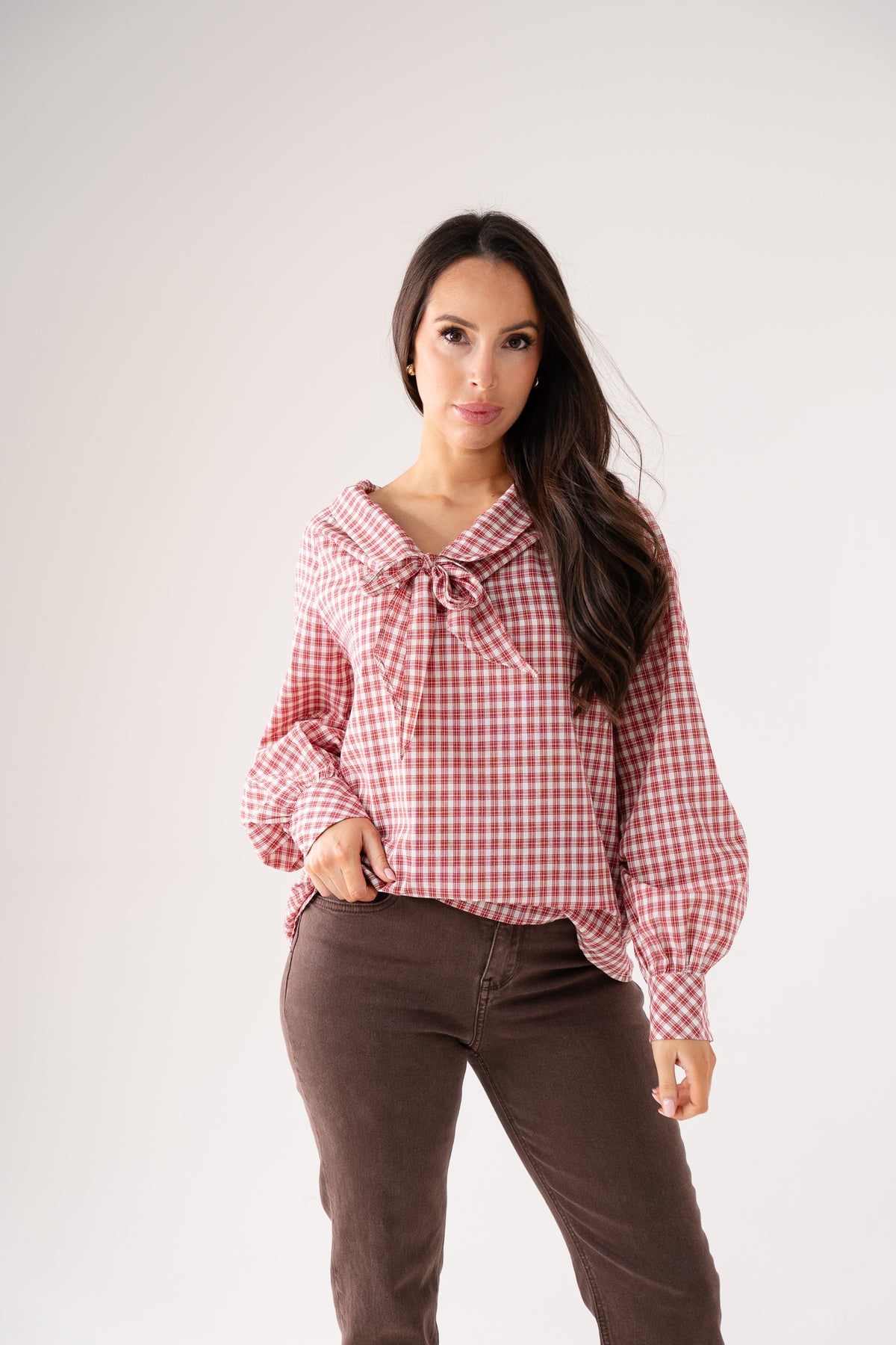 Ally Bow Collar Check Shirt In Red