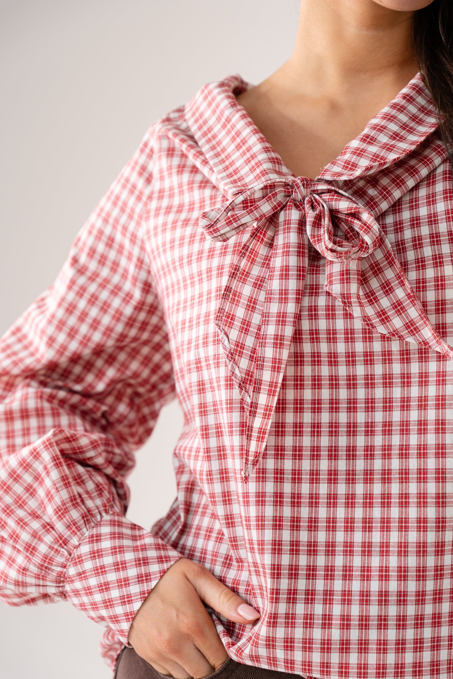 Ally Bow Collar Check Shirt In Red