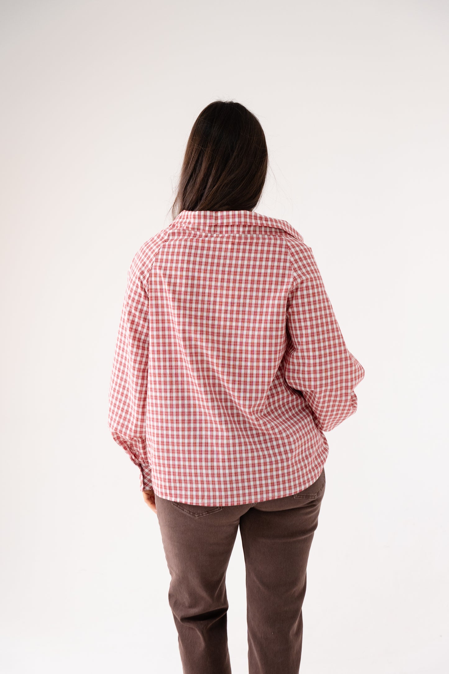 Ally Bow Collar Check Shirt In Red
