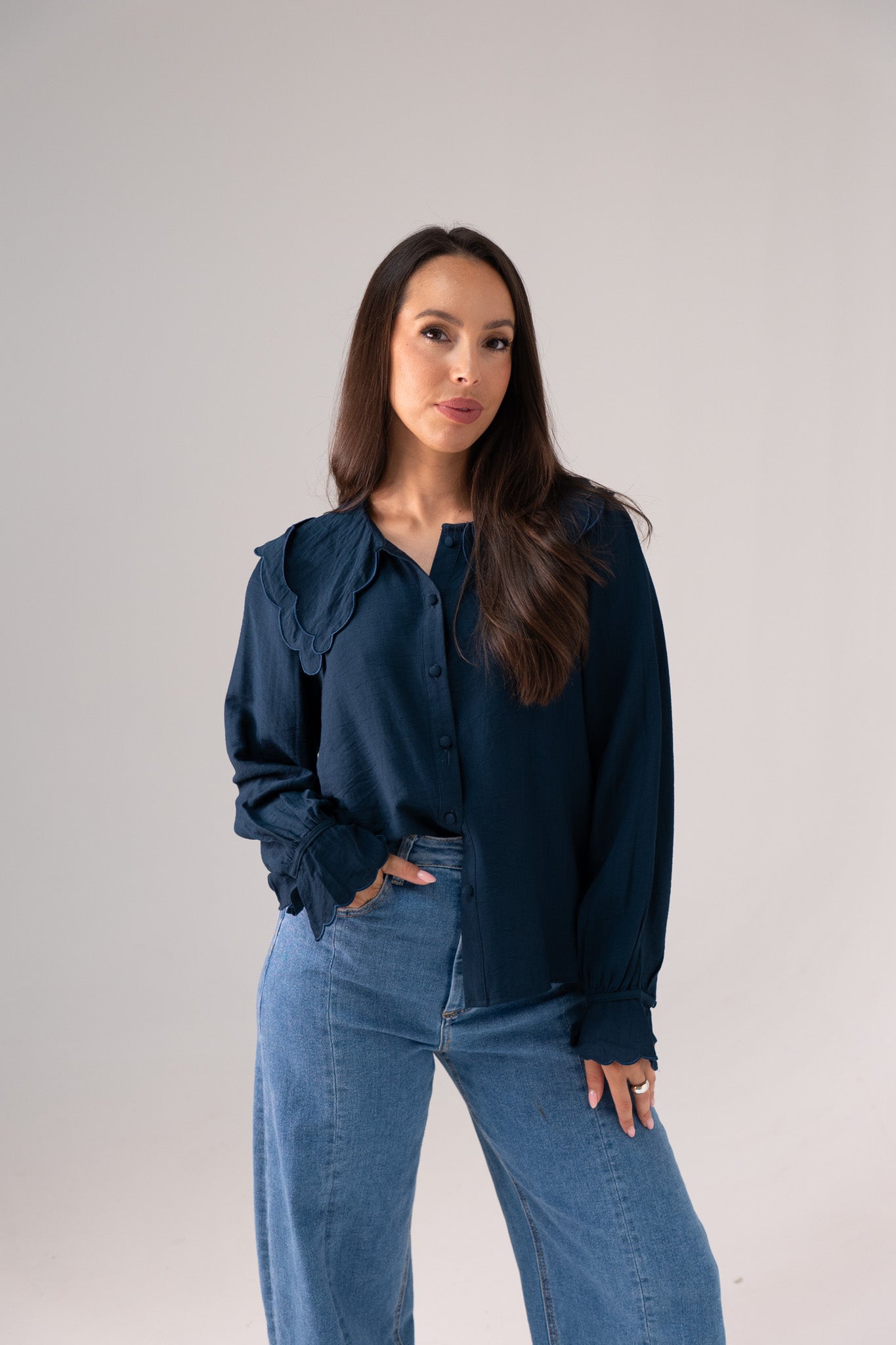 Ally Frill Collar Blouse In Denim Blue