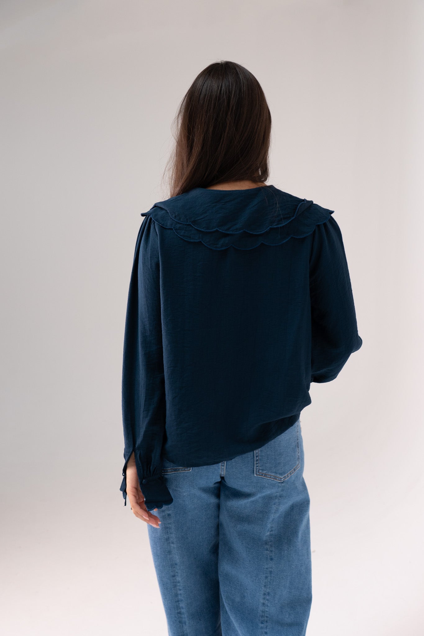 Ally Frill Collar Blouse In Denim Blue