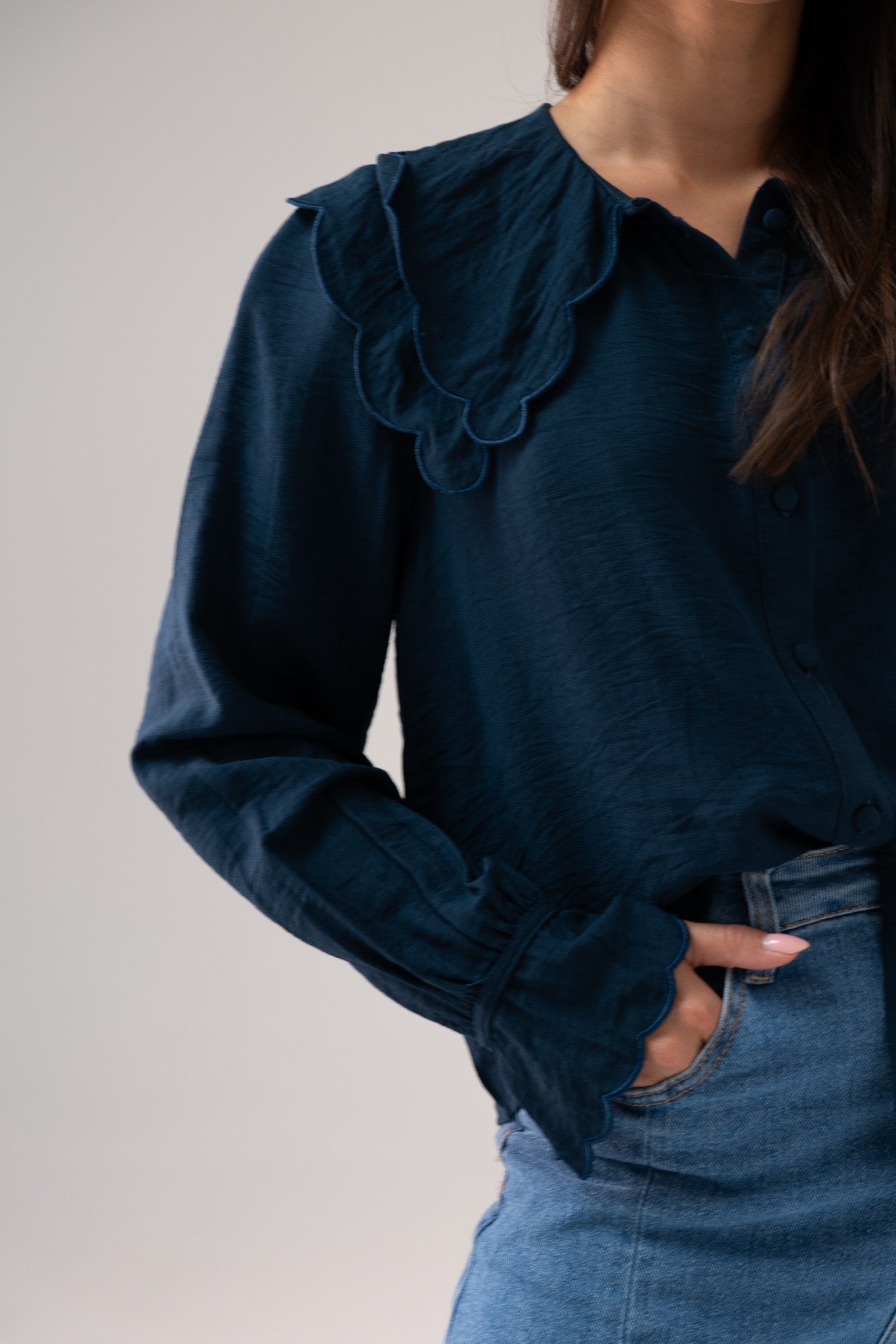Ally Frill Collar Blouse In Denim Blue