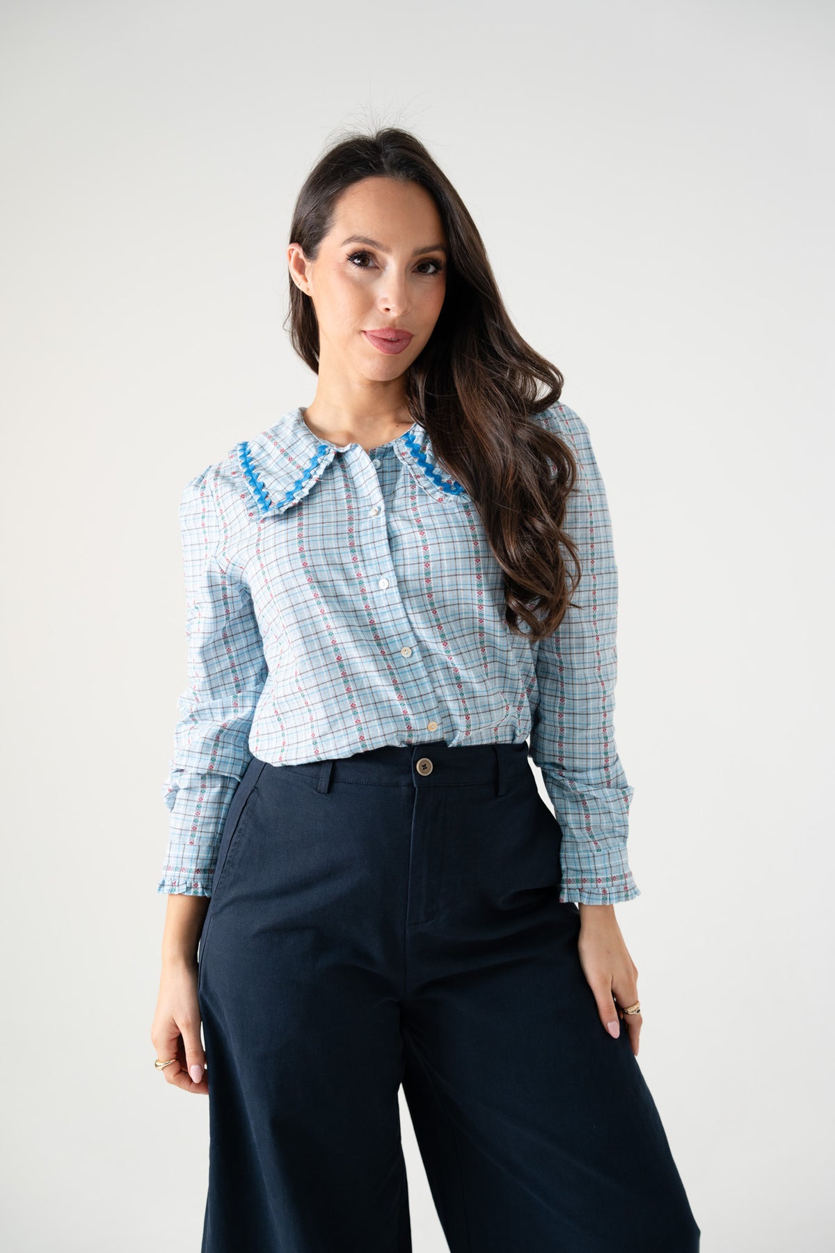 Ally Frill Collar Check Shirt In Blue