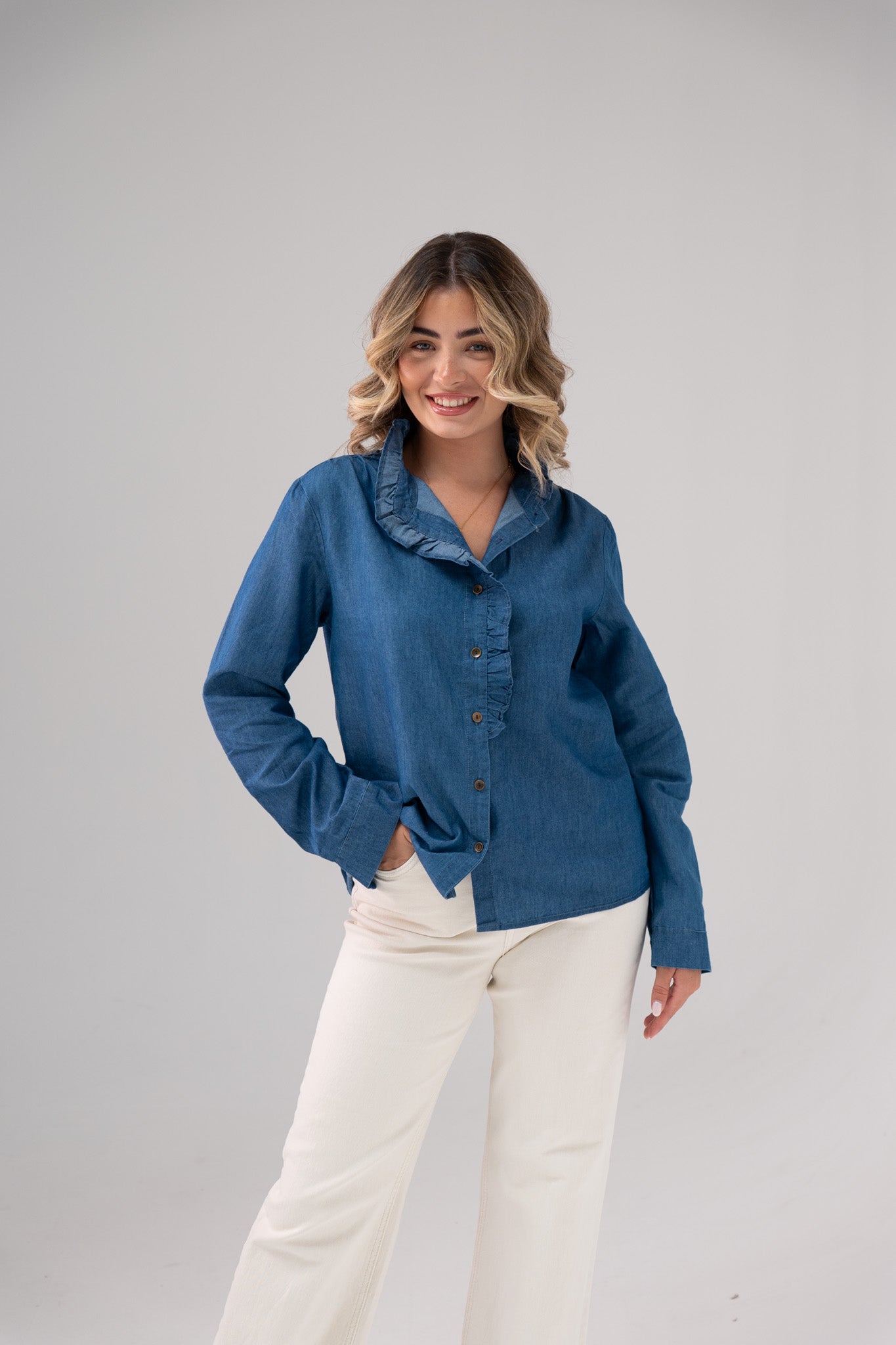 Ally Frill Collar Shirt In Denim