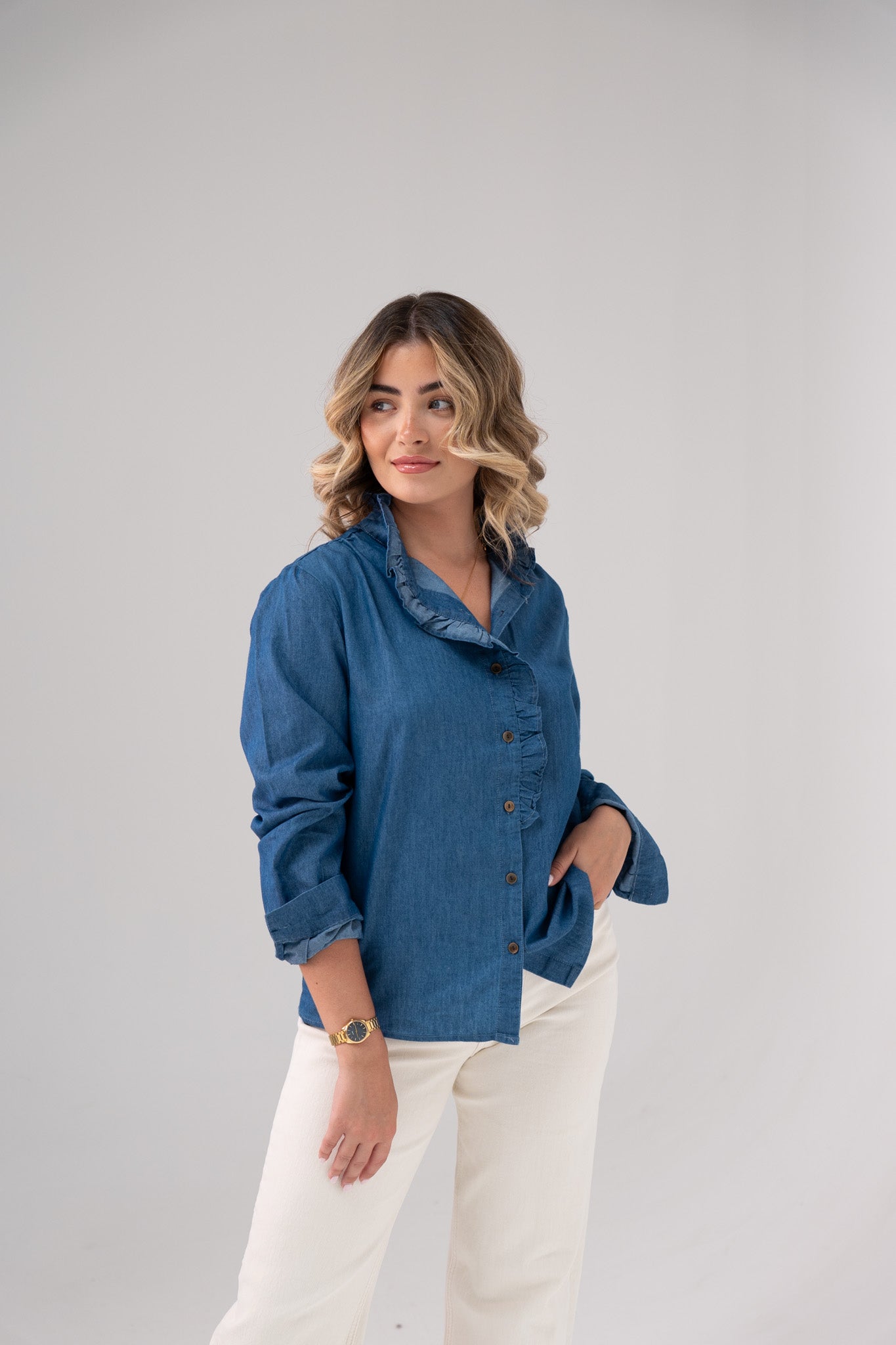Ally Frill Collar Shirt In Denim