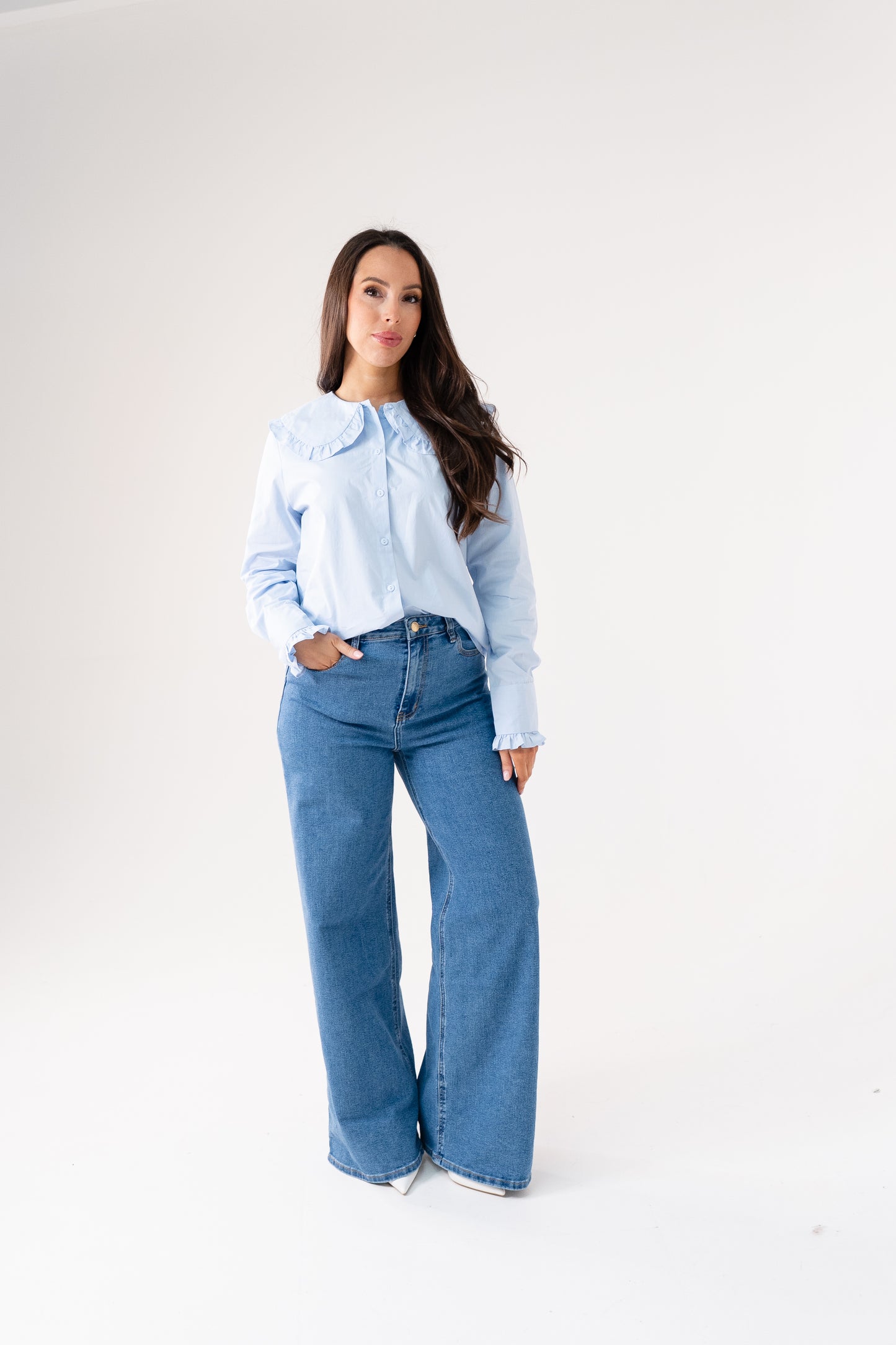 Ally Frill Collar Shirt In Sky Blue