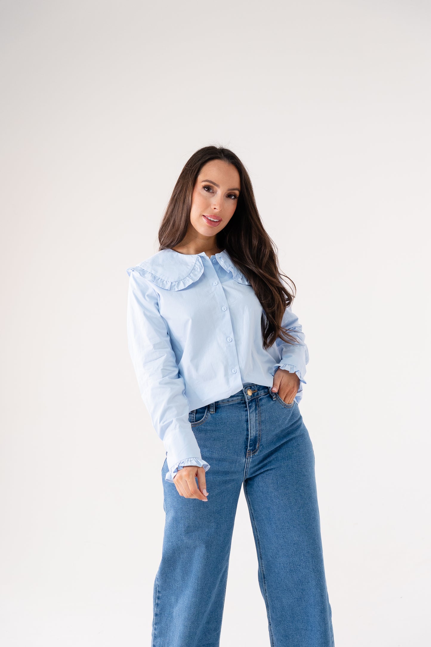Ally Frill Collar Shirt In Sky Blue