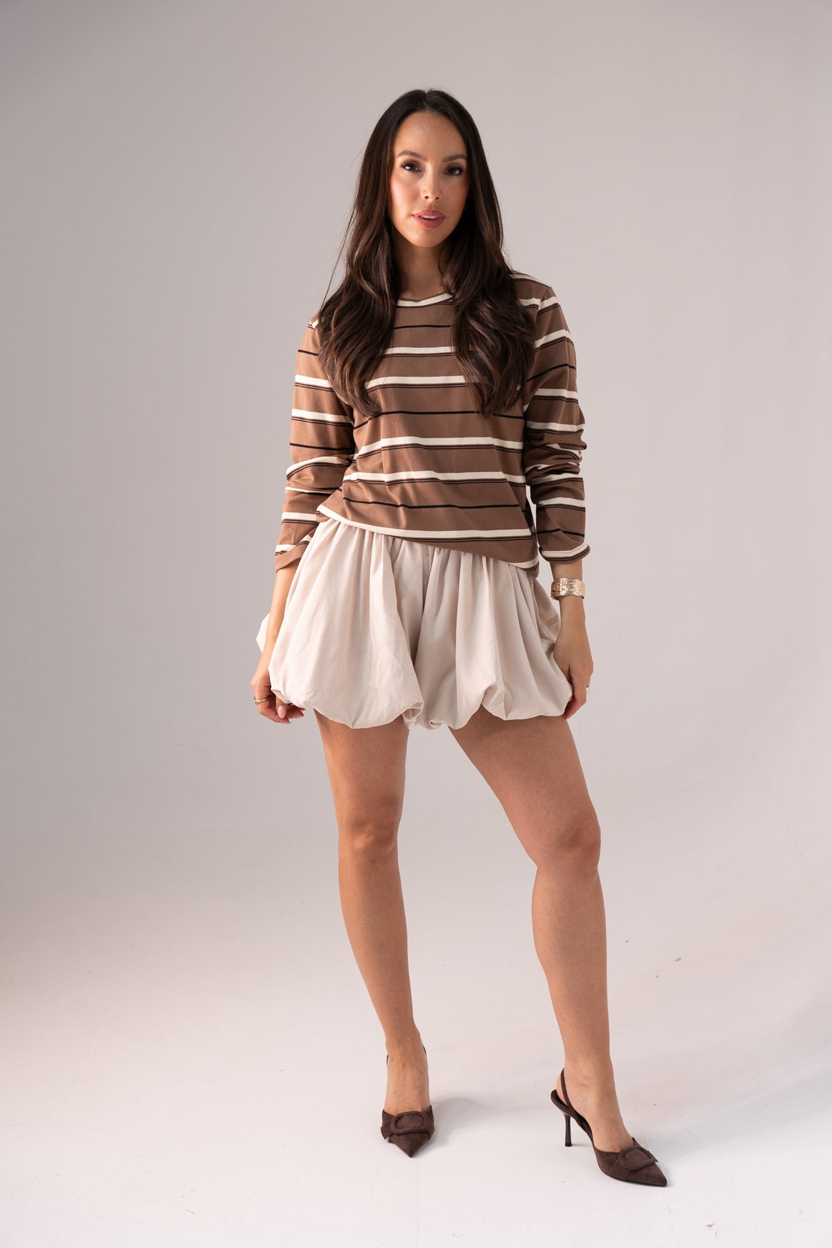Ally Long Sleeve Stripe Top In Brown