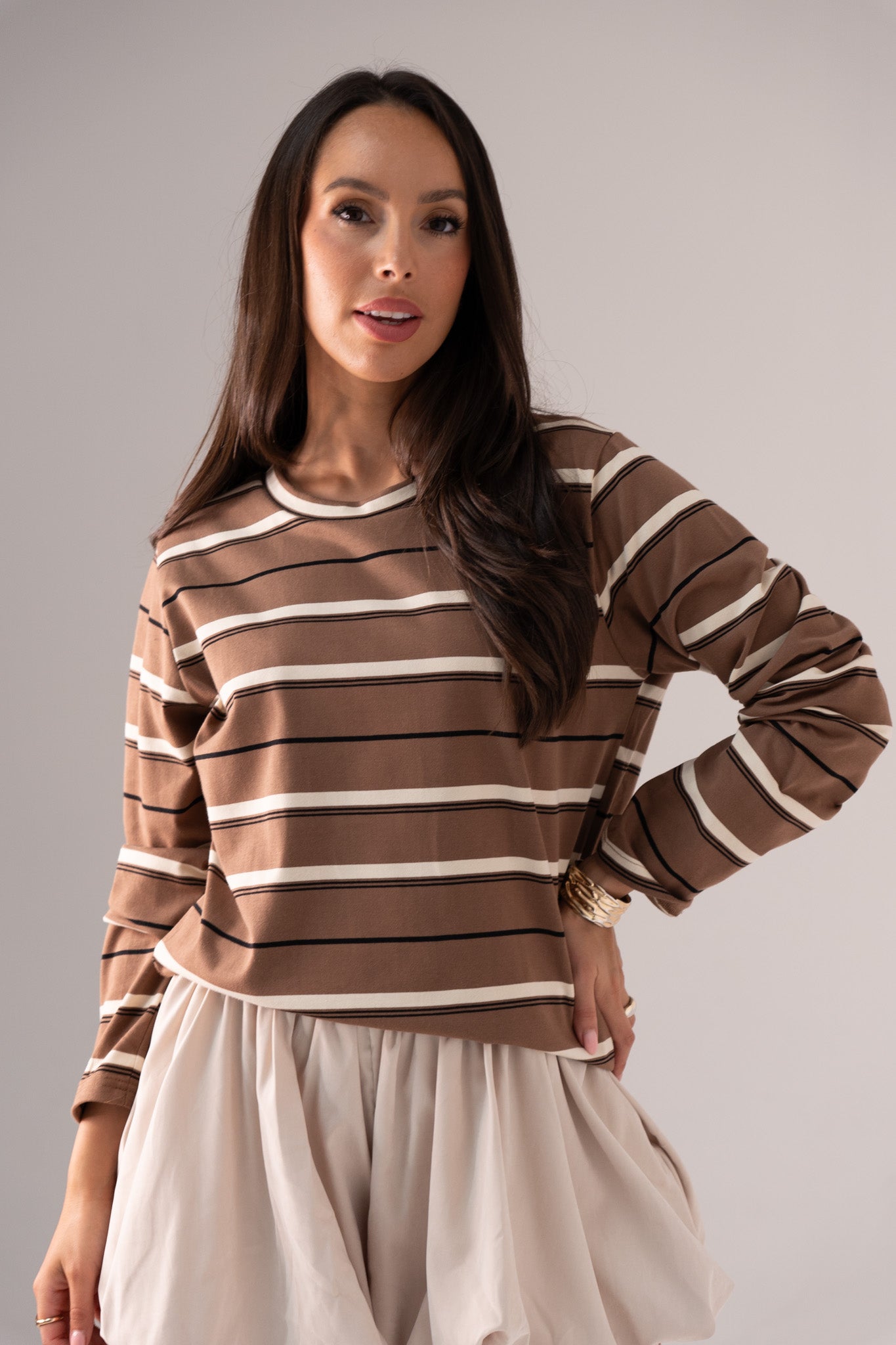 Ally Long Sleeve Stripe Top In Brown
