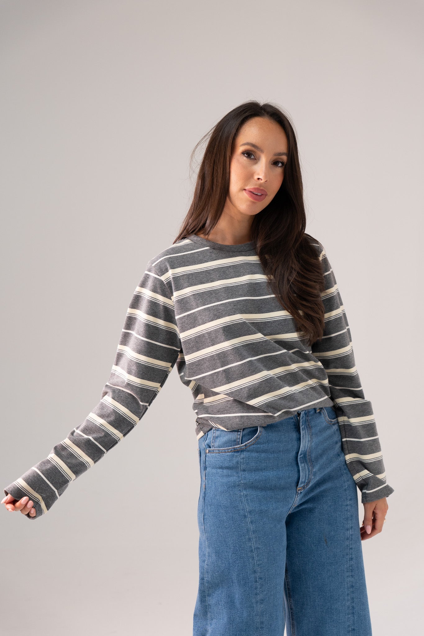 Ally Long Sleeve Stripe Top In Grey