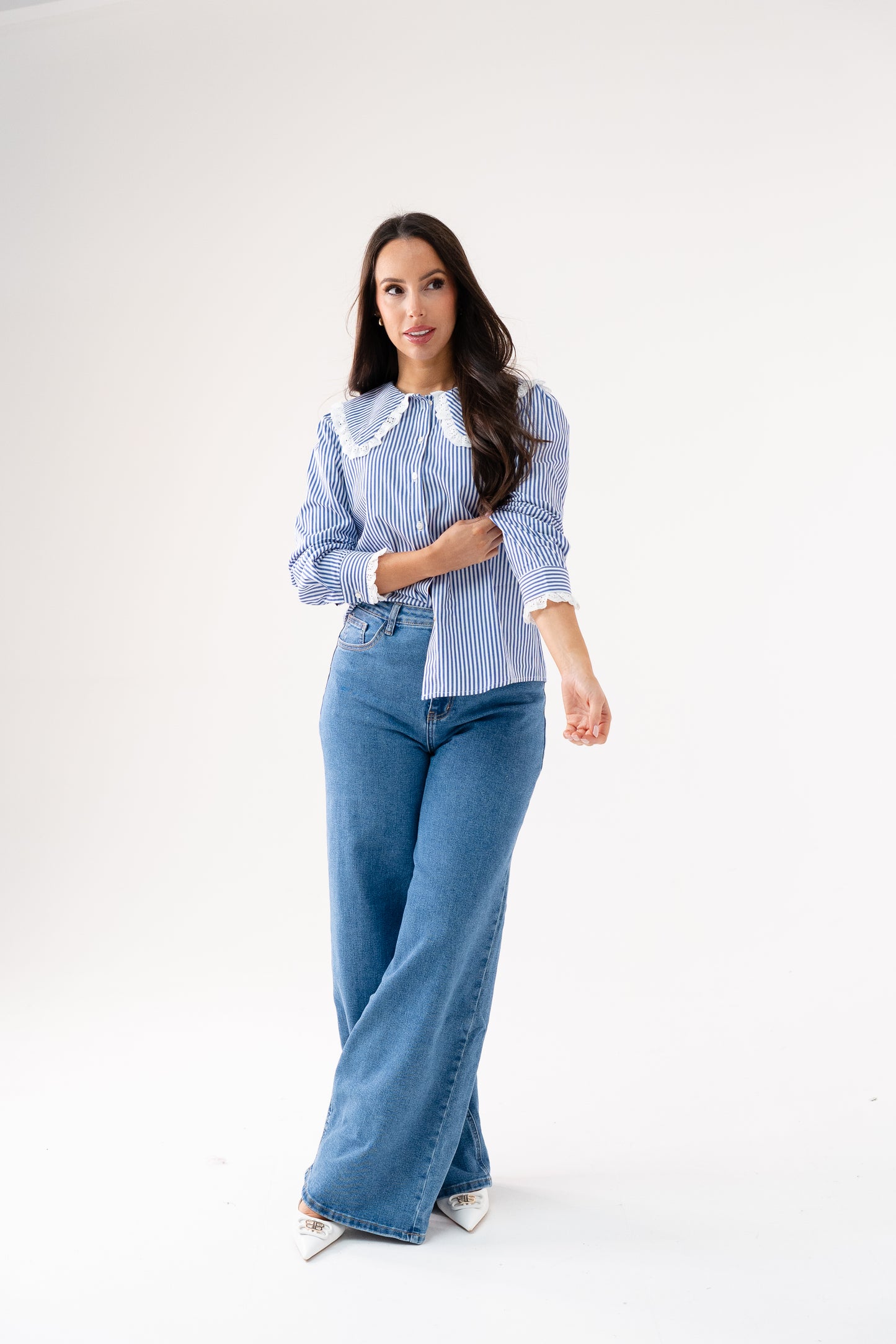Ally Pinstripe Frill Collar Shirt In Blue