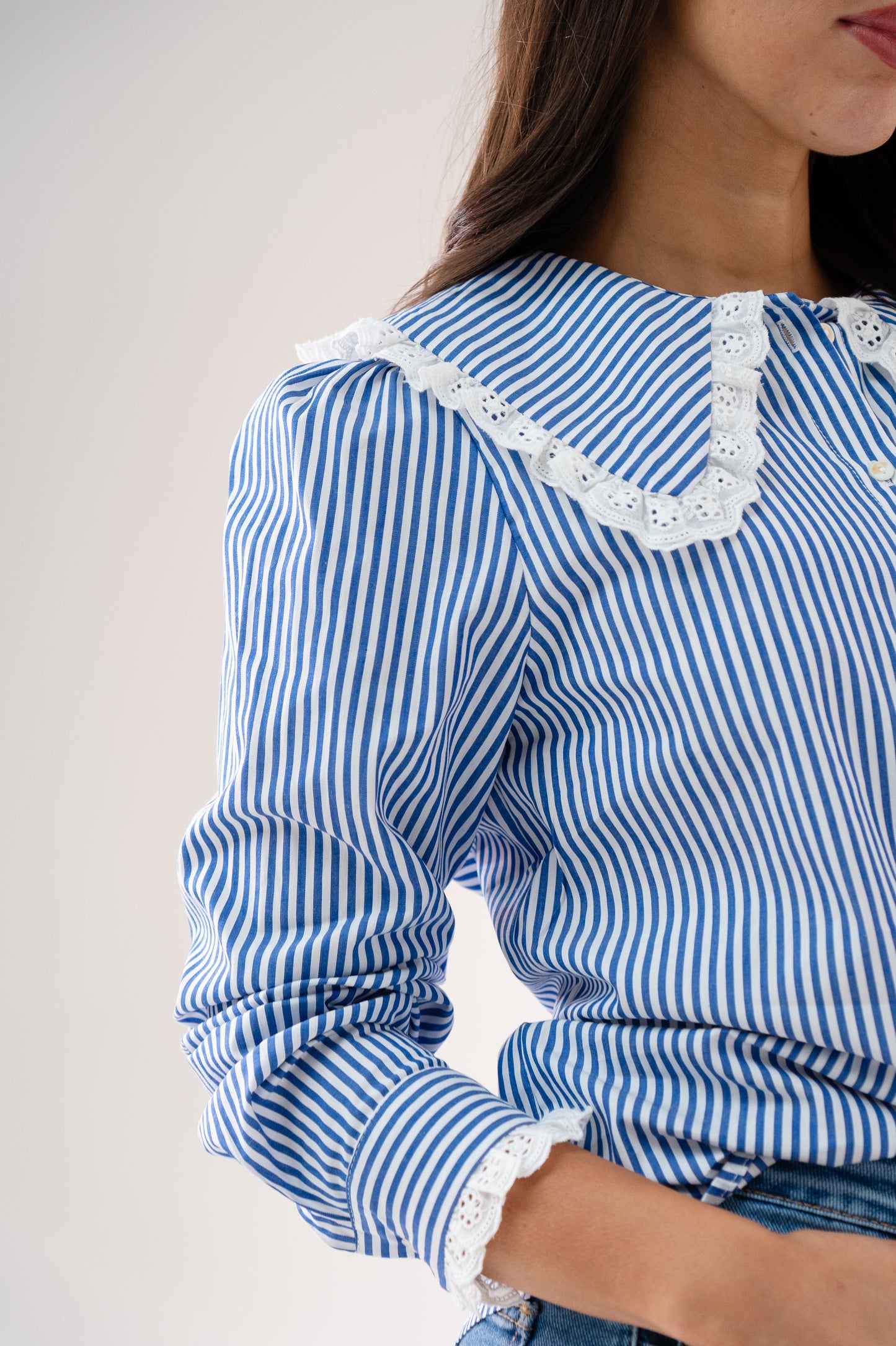 Ally Pinstripe Frill Collar Shirt In Blue