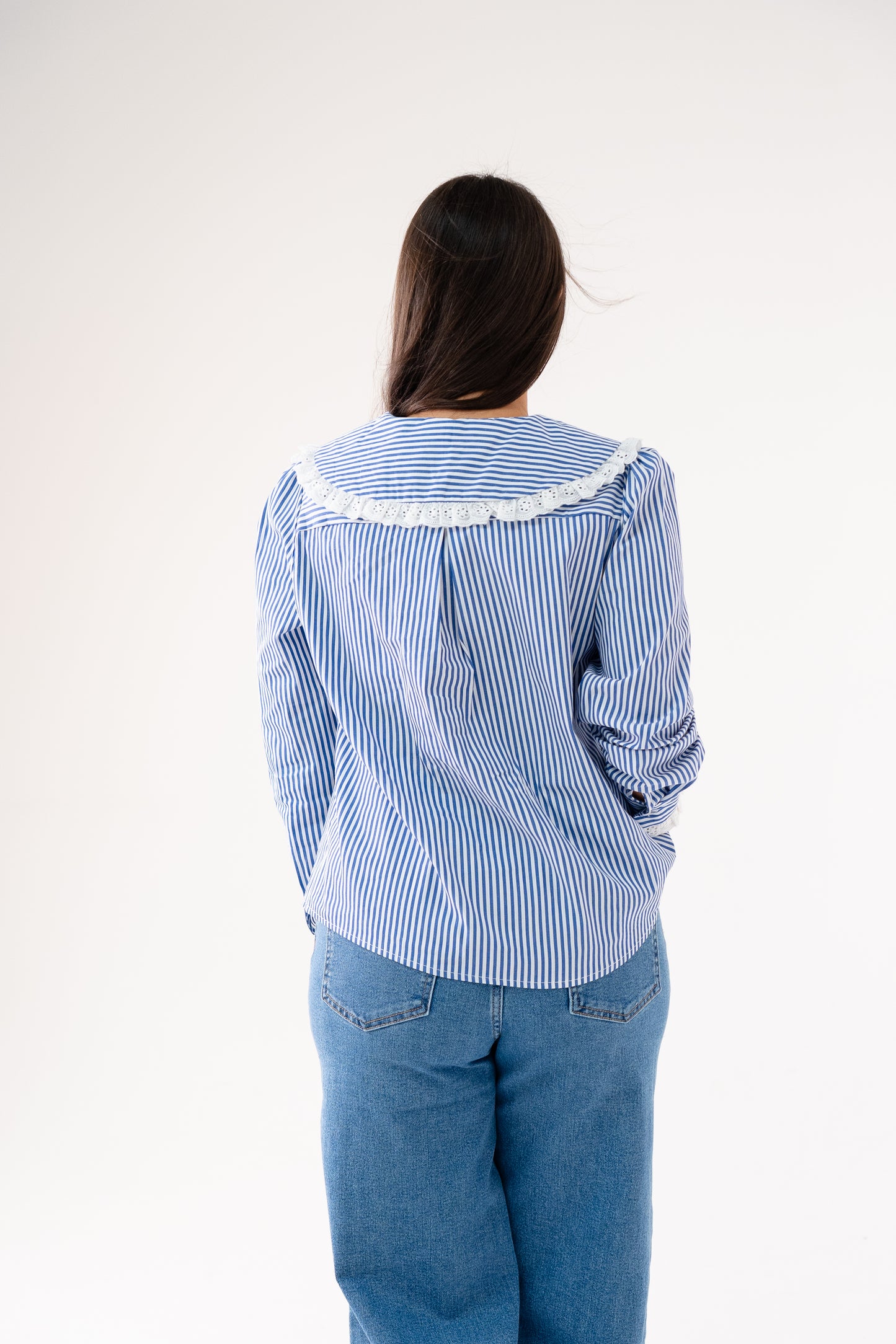 Ally Pinstripe Frill Collar Shirt In Blue