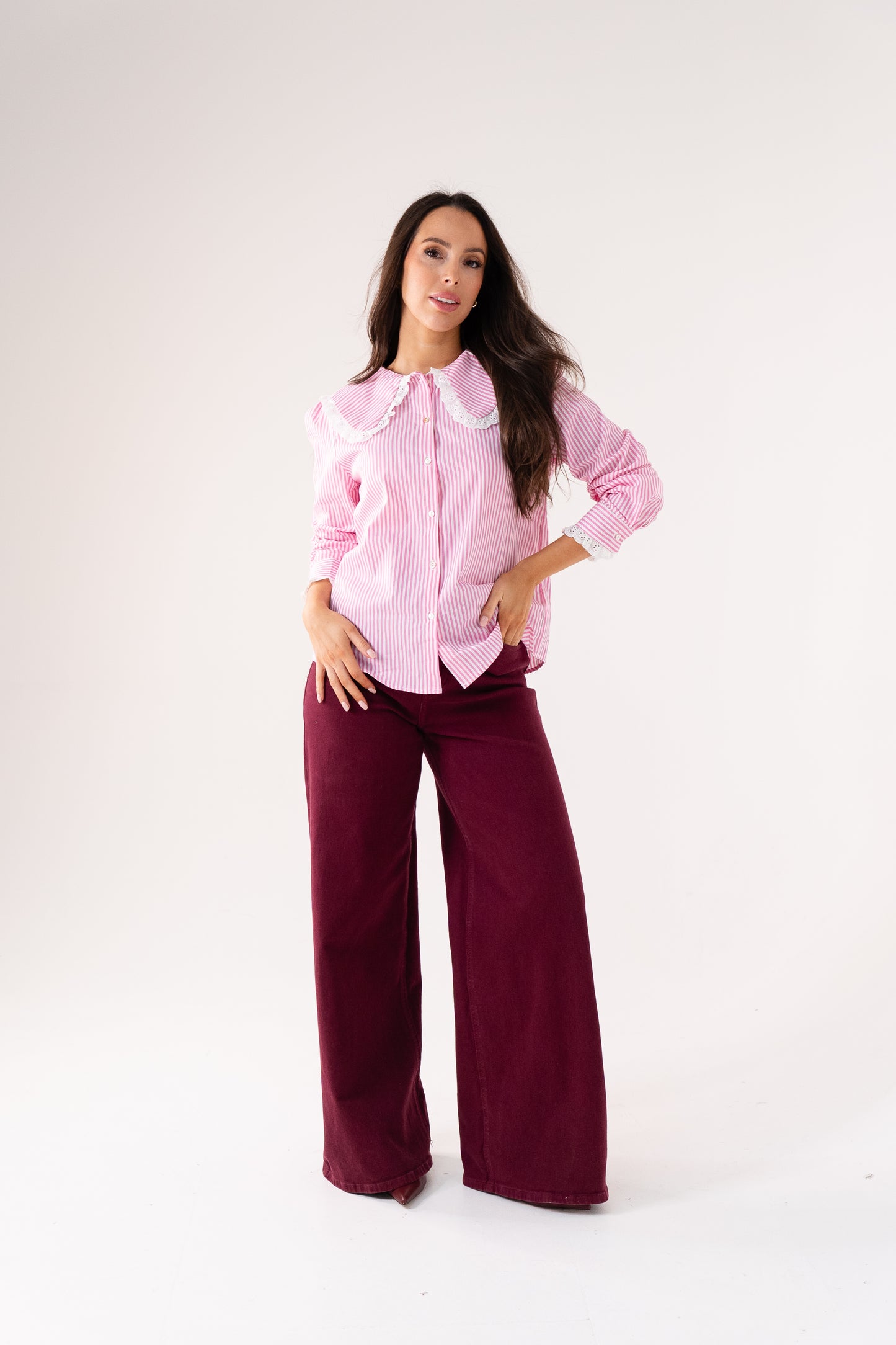 Ally Pinstripe Frill Collar Shirt In Pink