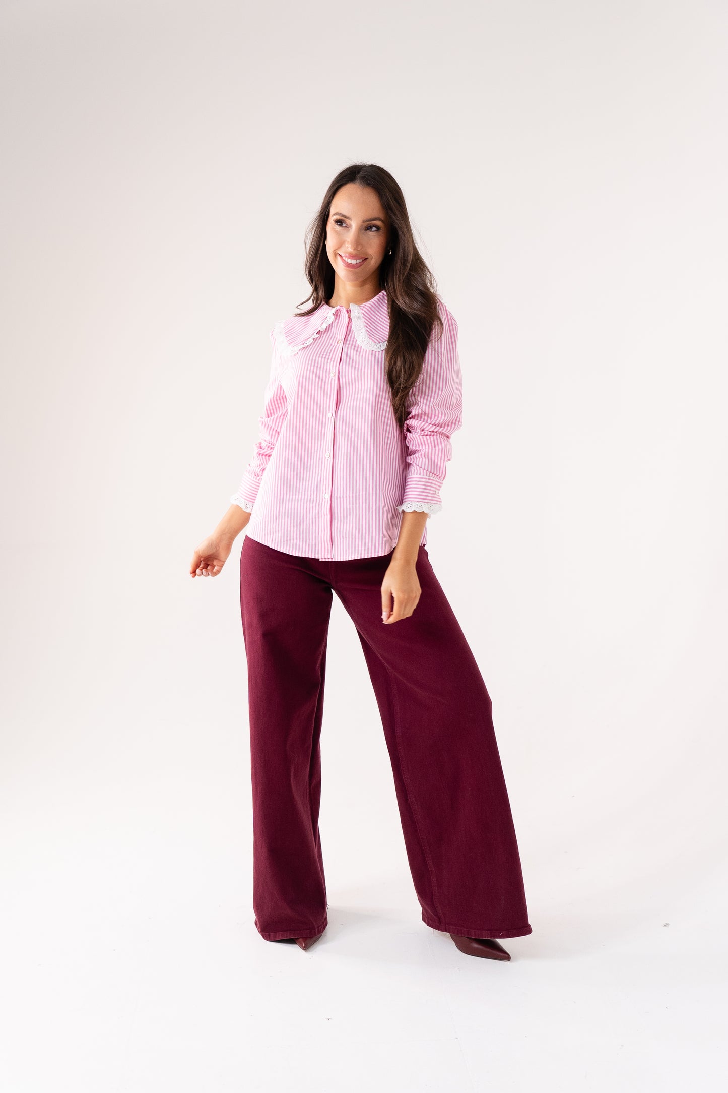 Ally Pinstripe Frill Collar Shirt In Pink