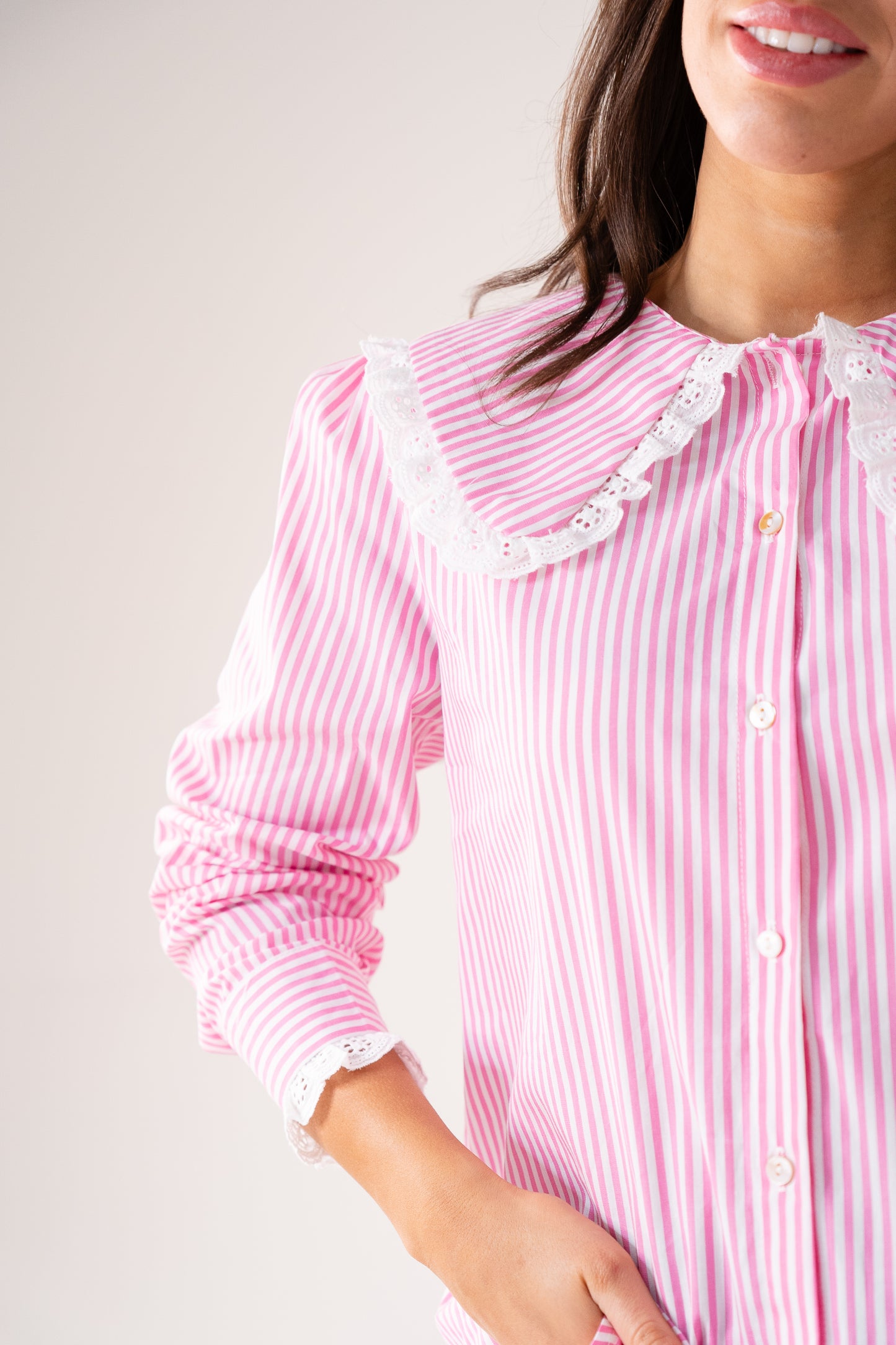 Ally Pinstripe Frill Collar Shirt In Pink