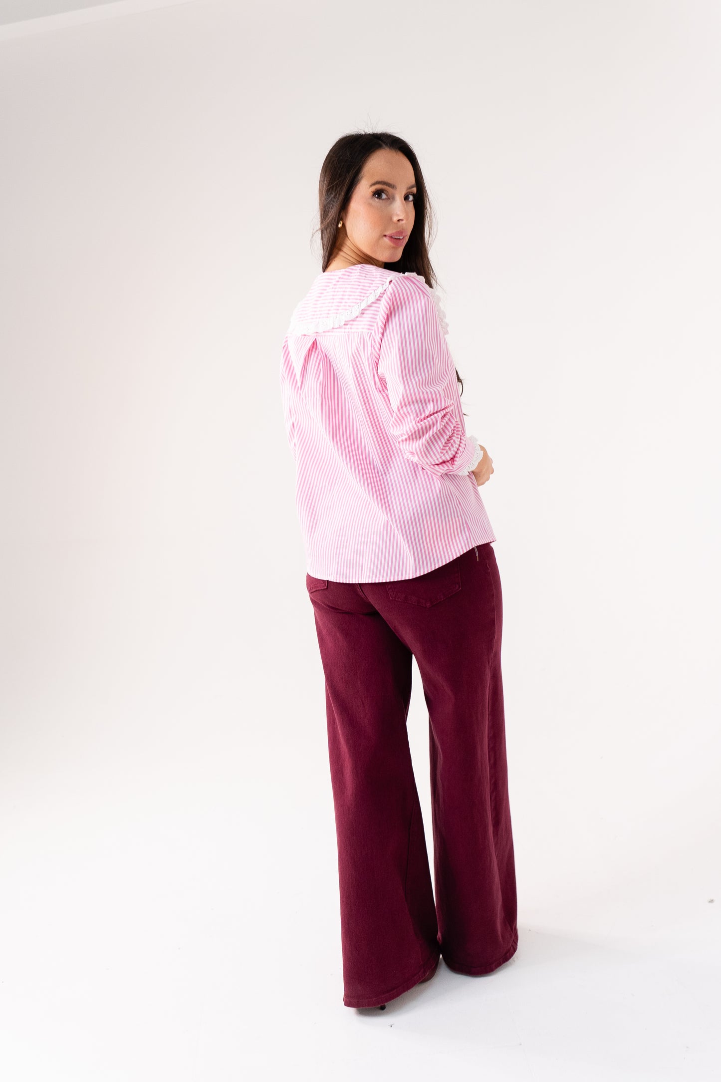 Ally Pinstripe Frill Collar Shirt In Pink