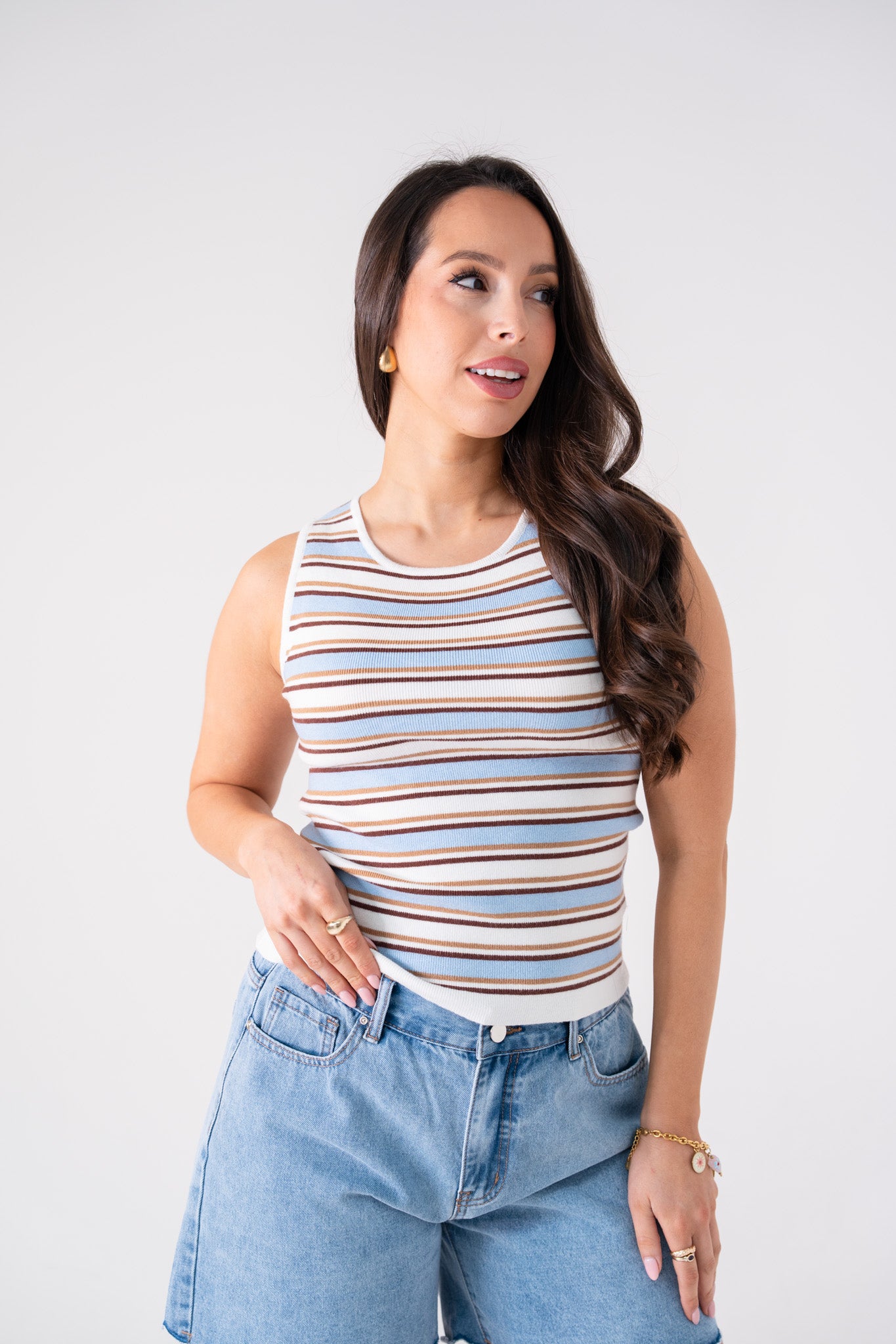 Ally Stripe Vest Top In Blue Mix