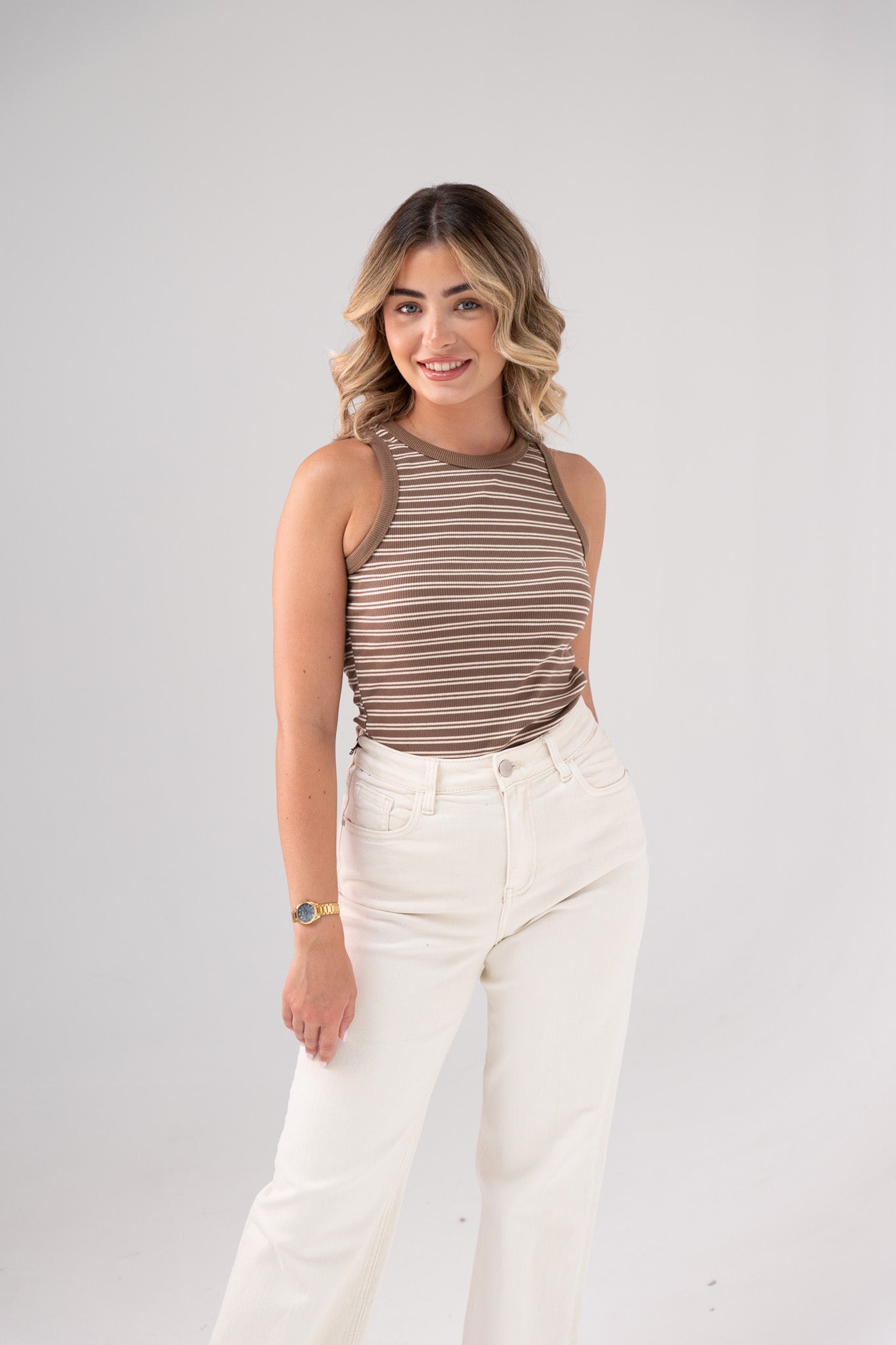 Ally Stripe Vest Top In Taupe