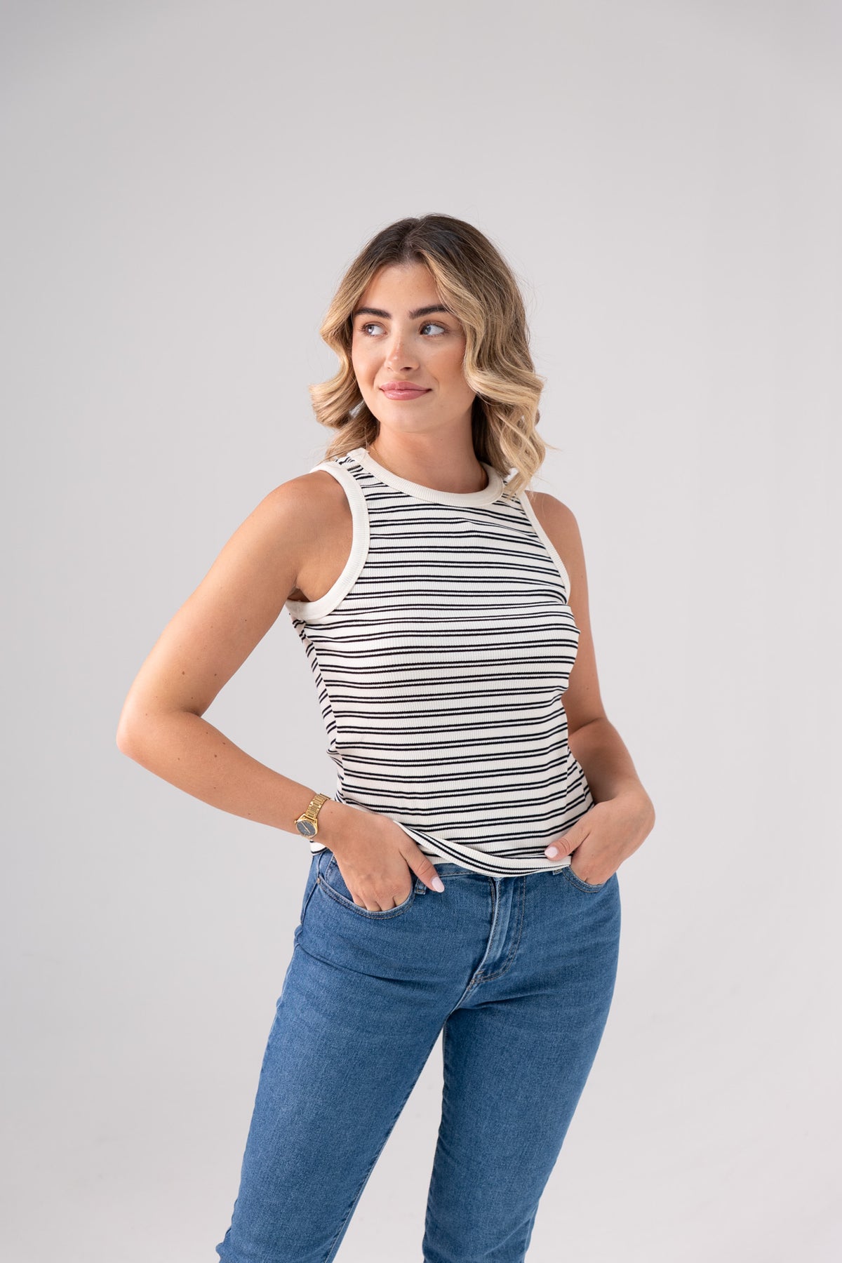 Ally Stripe Vest Top In White