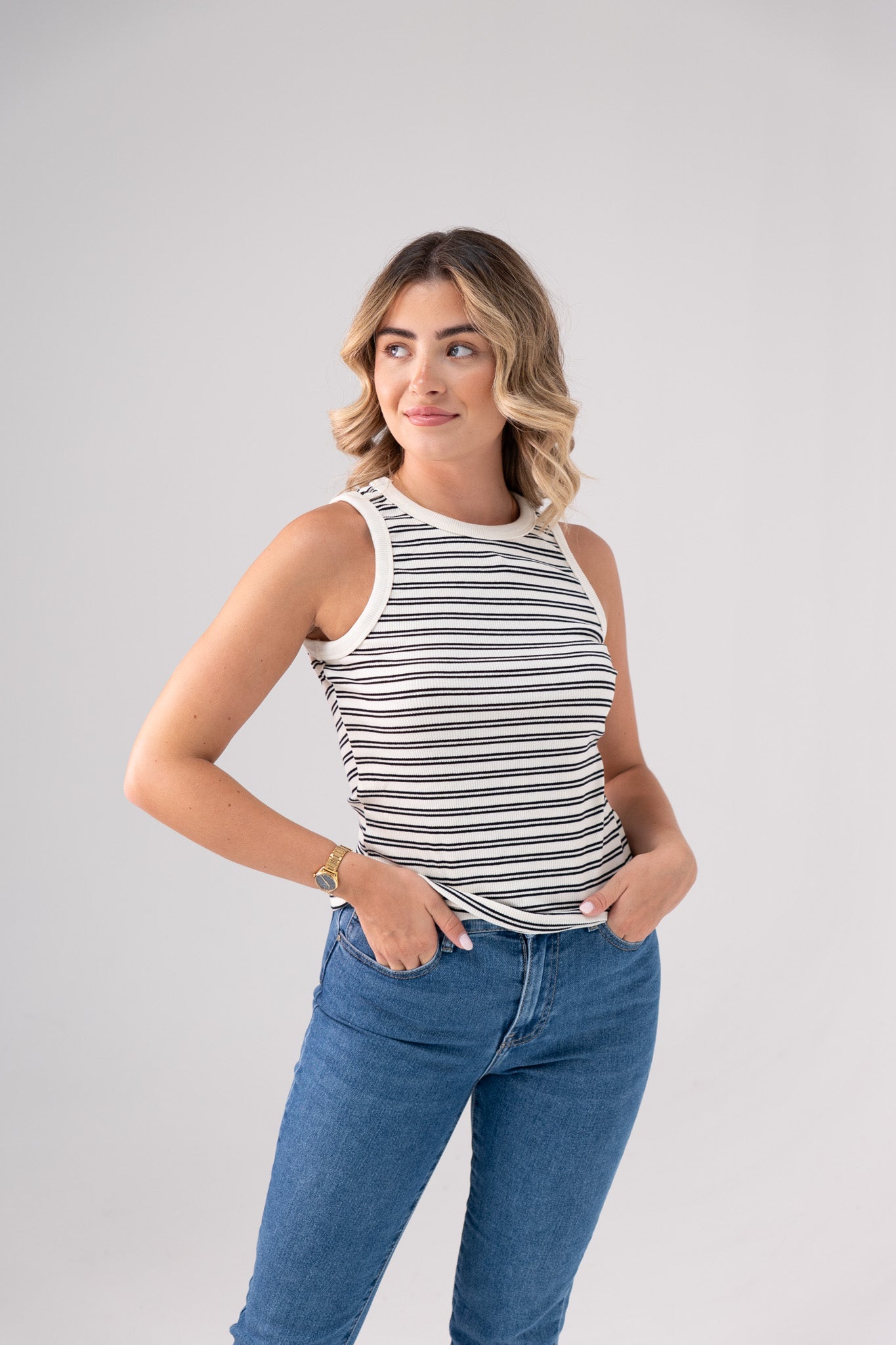Ally Stripe Vest Top In White