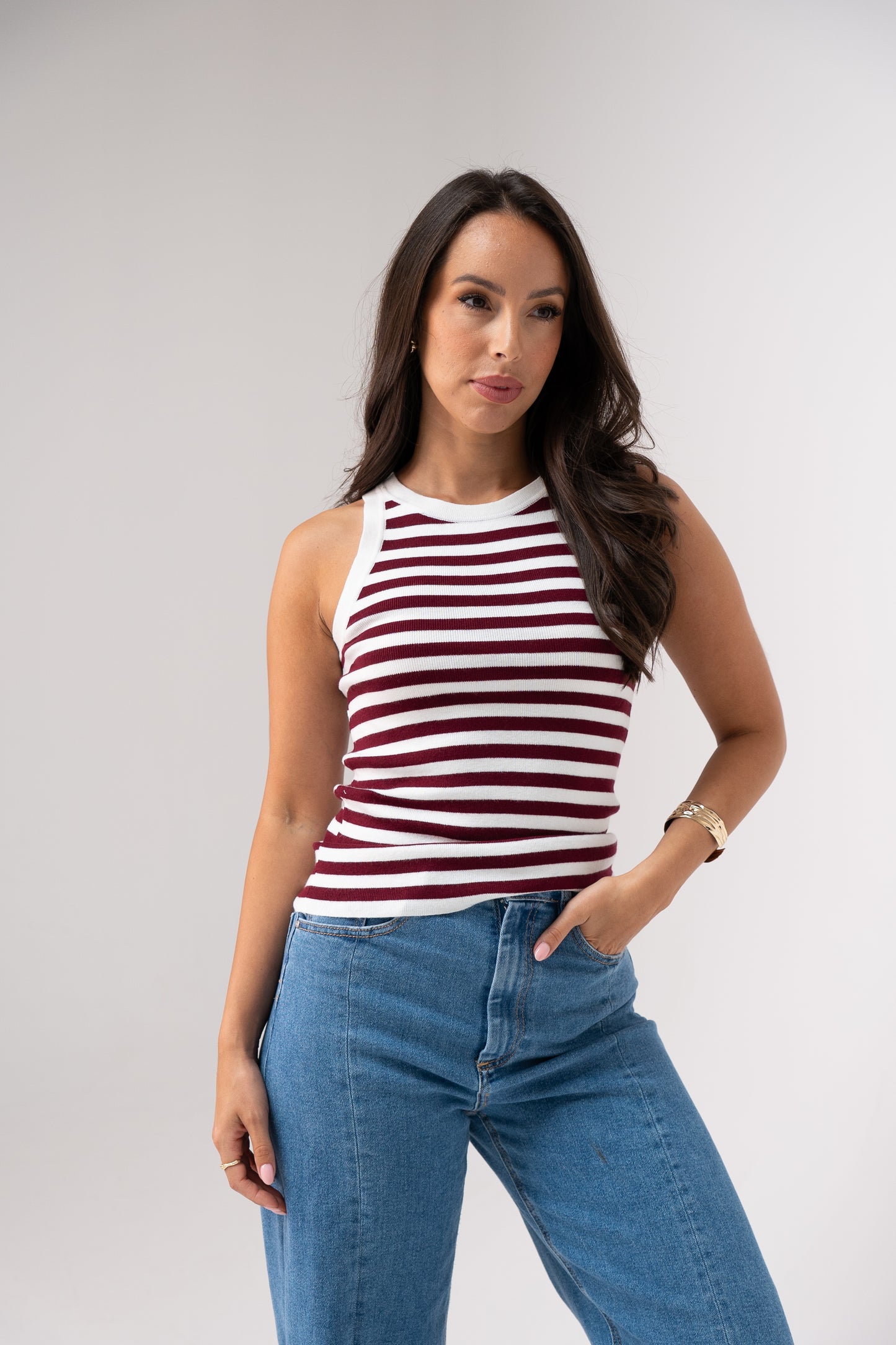 Ally Stripe Vest Top In Bordeaux