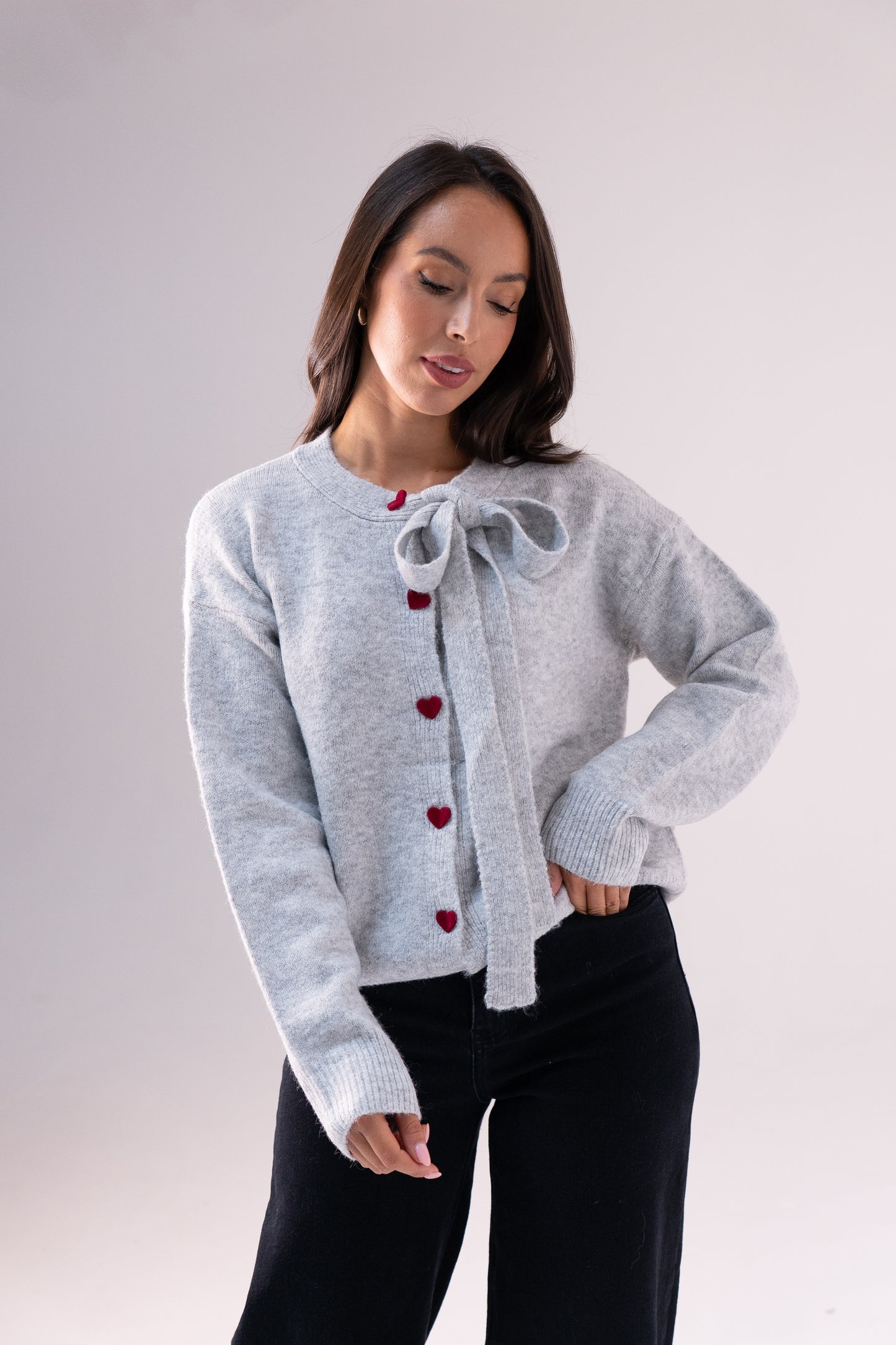 Belle Heart Button Cardigan In Grey