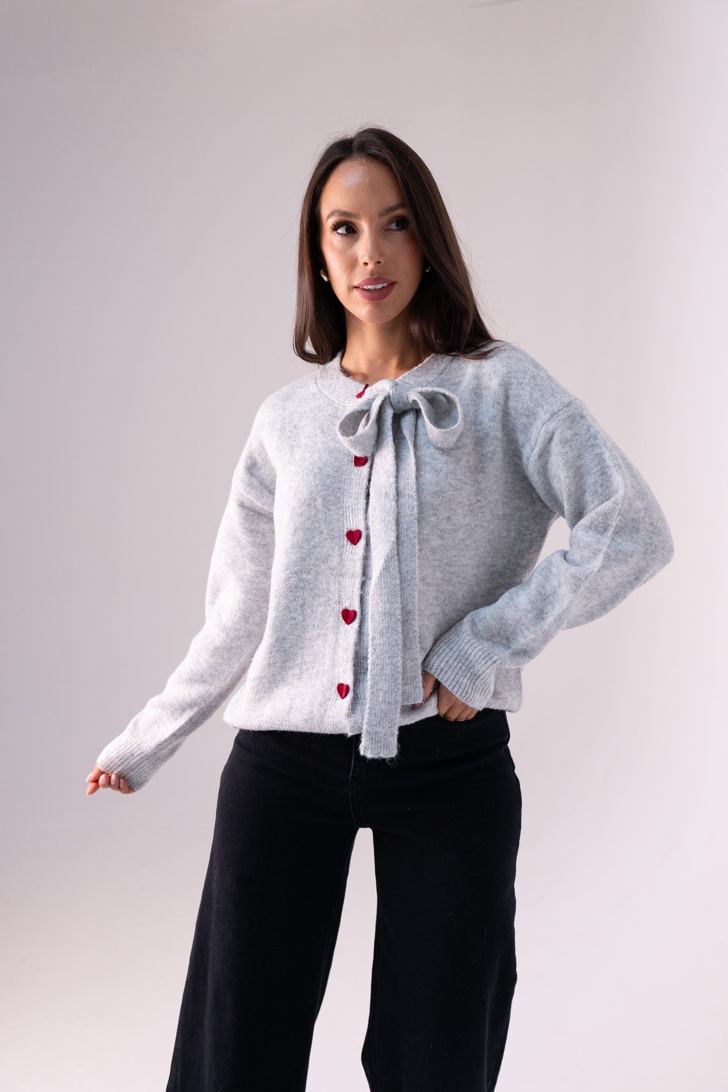 Belle Heart Button Cardigan In Grey
