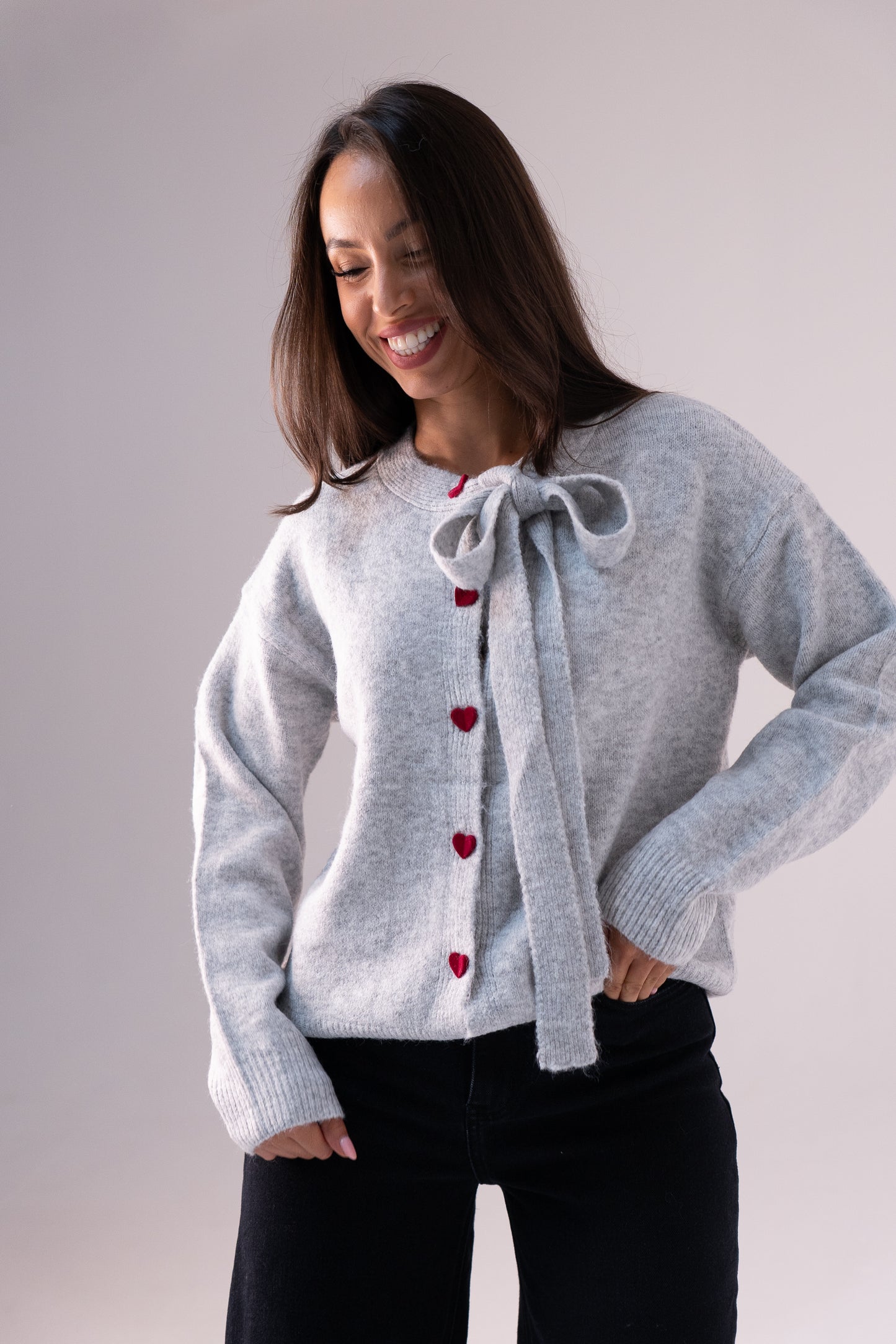 Belle Heart Button Cardigan In Grey