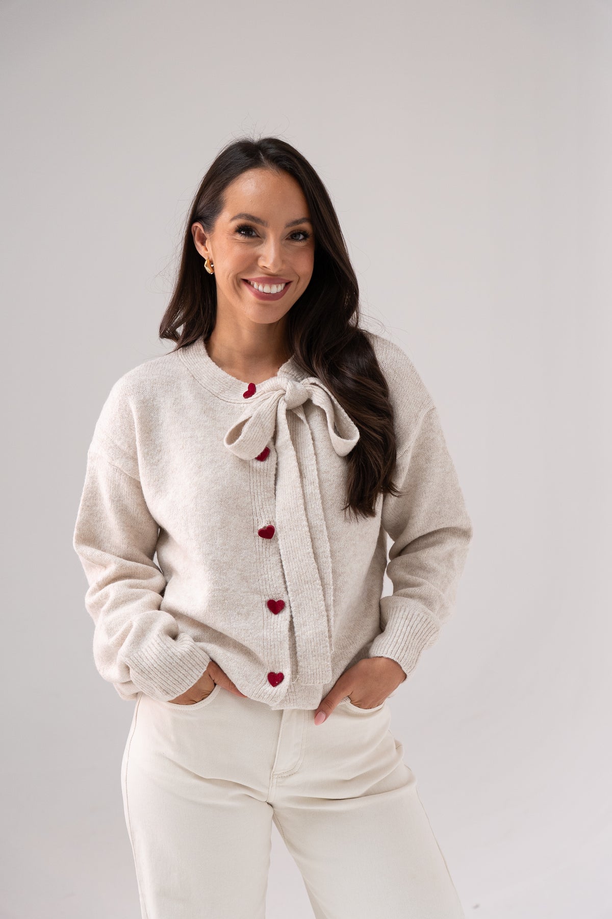 Belle Heart Button Cardigan In Neutral