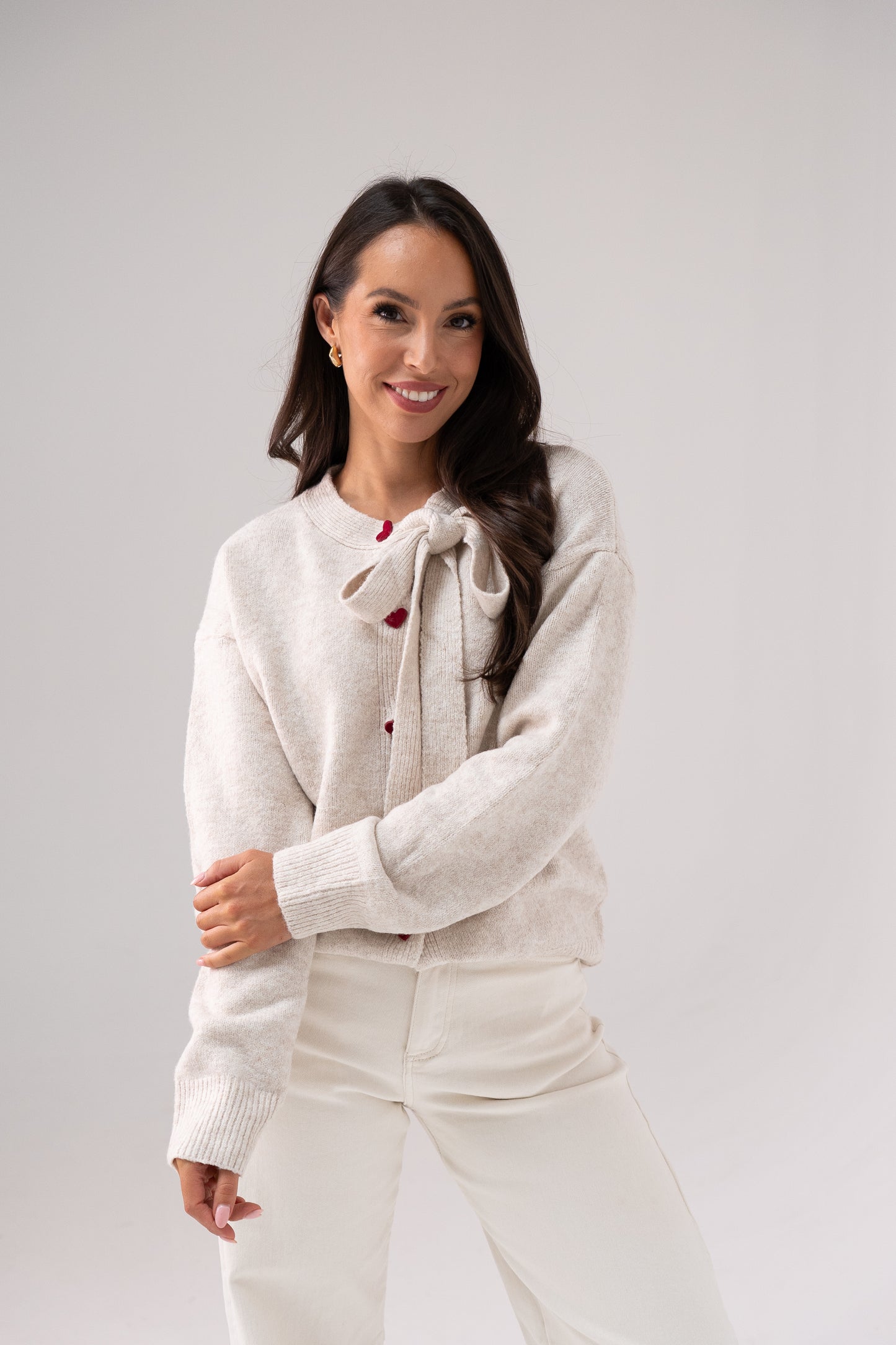 Belle Heart Button Cardigan In Neutral