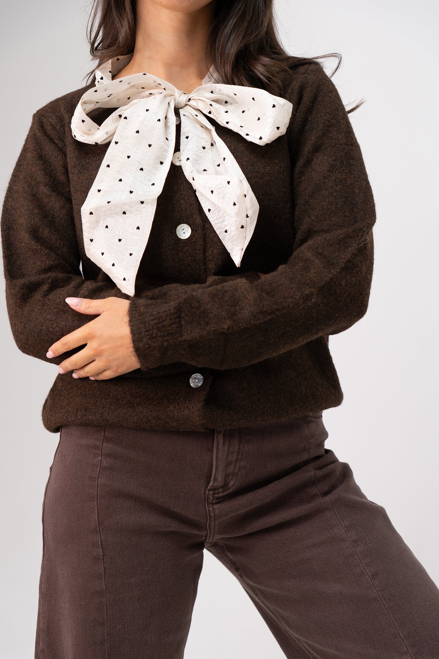 Belle Polka Dot Bow Cardigan In Chocolate