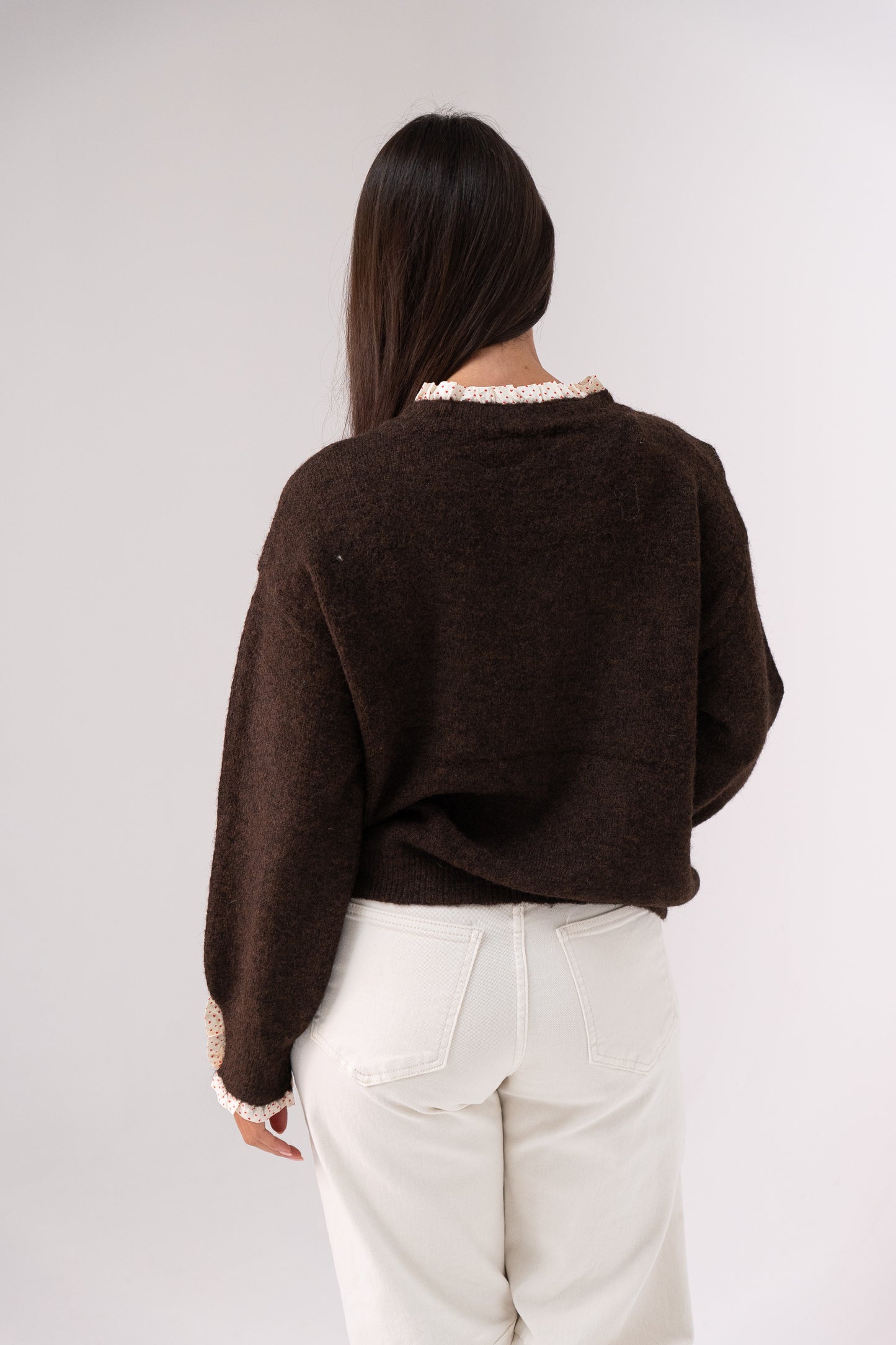 Belle Polka Dot Ruffle Cardigan In Chocolate