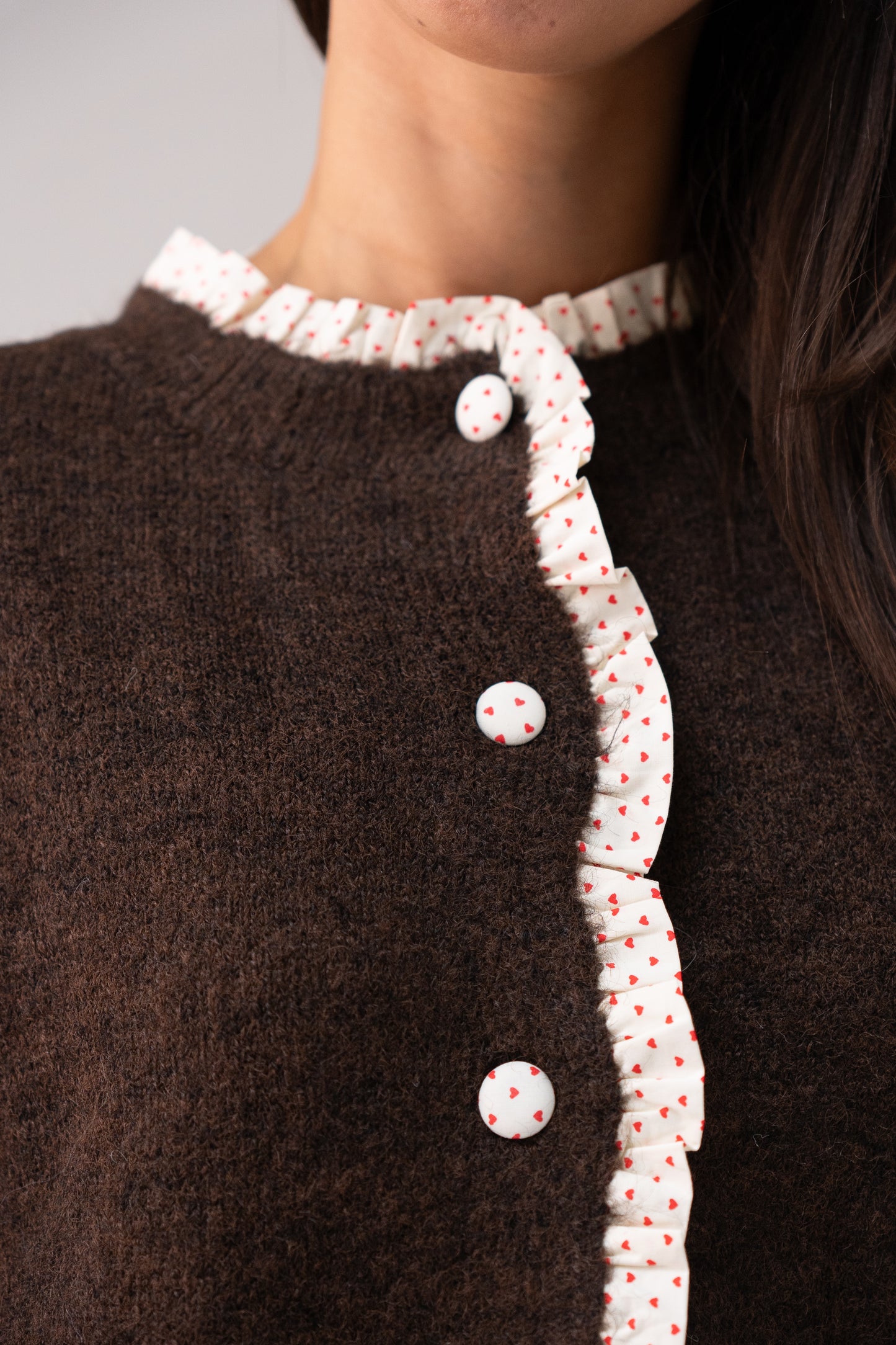 Belle Polka Dot Ruffle Cardigan In Chocolate